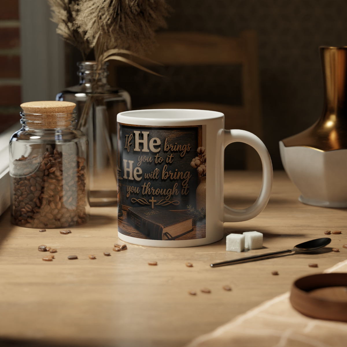 20oz Jumbo Mug — Rustic Faith Quote Coffee Cup (‘If He brings you to it"