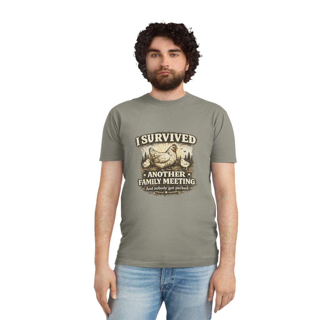 T-Shirt — "I Survived Another Family Meeting" Vintage Chicken Humor Tee