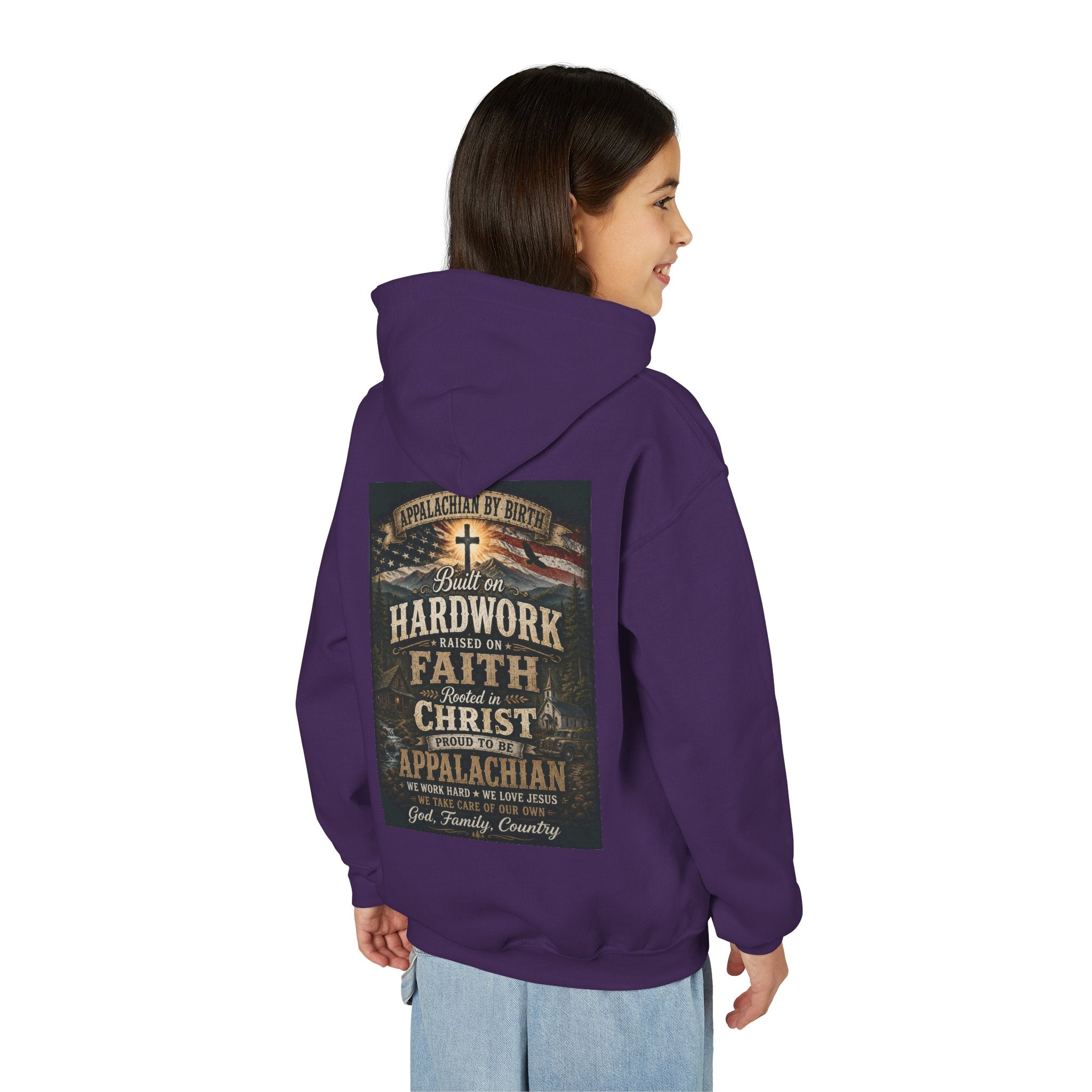 Youth Hoodie — 'Too Country to Care' / Appalachian Faith Graphic