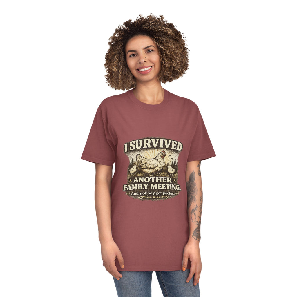 T-Shirt — "I Survived Another Family Meeting" Vintage Chicken Humor Tee