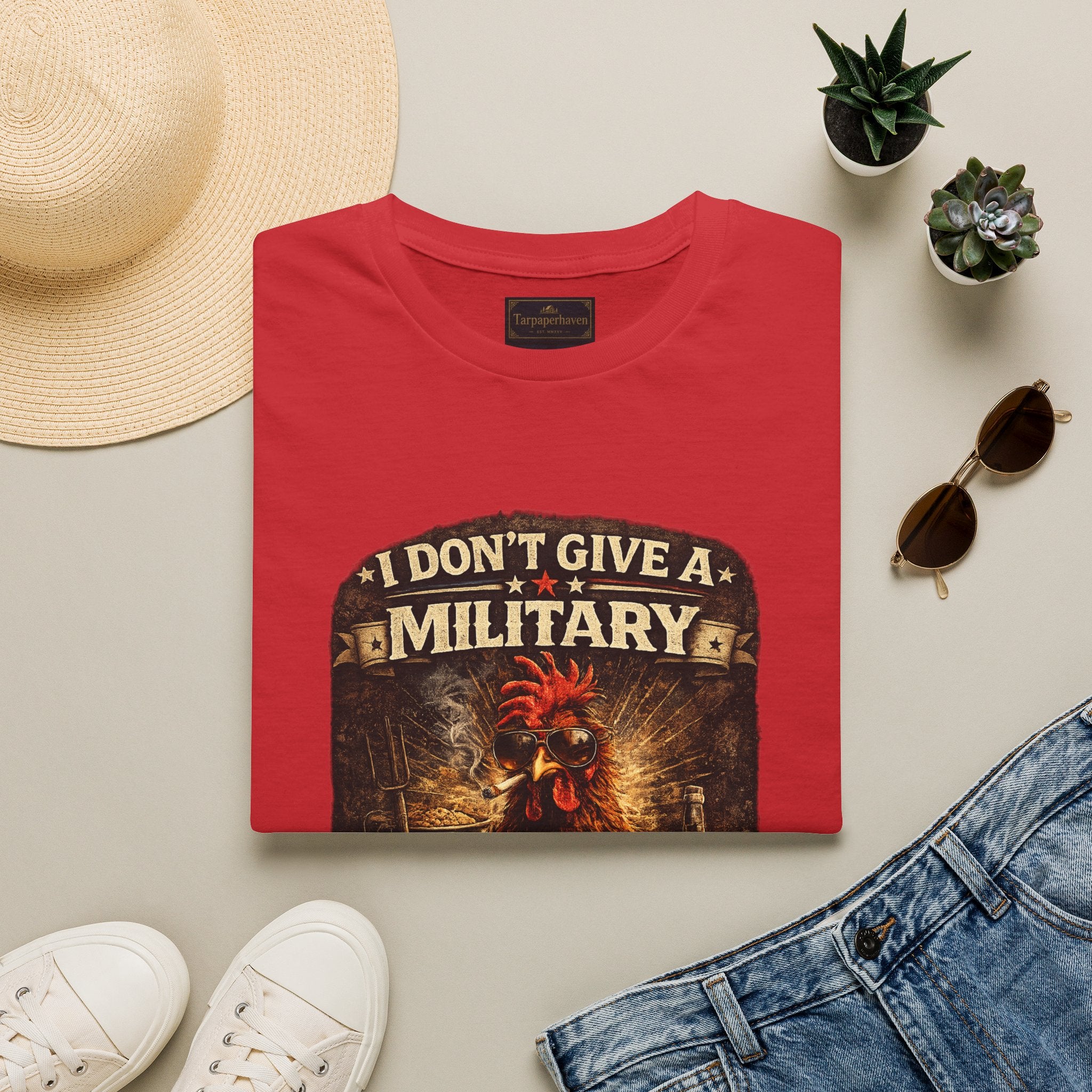 T‑Shirt — "I Don't Give A Military Cluck" Rooster Graphic Tee