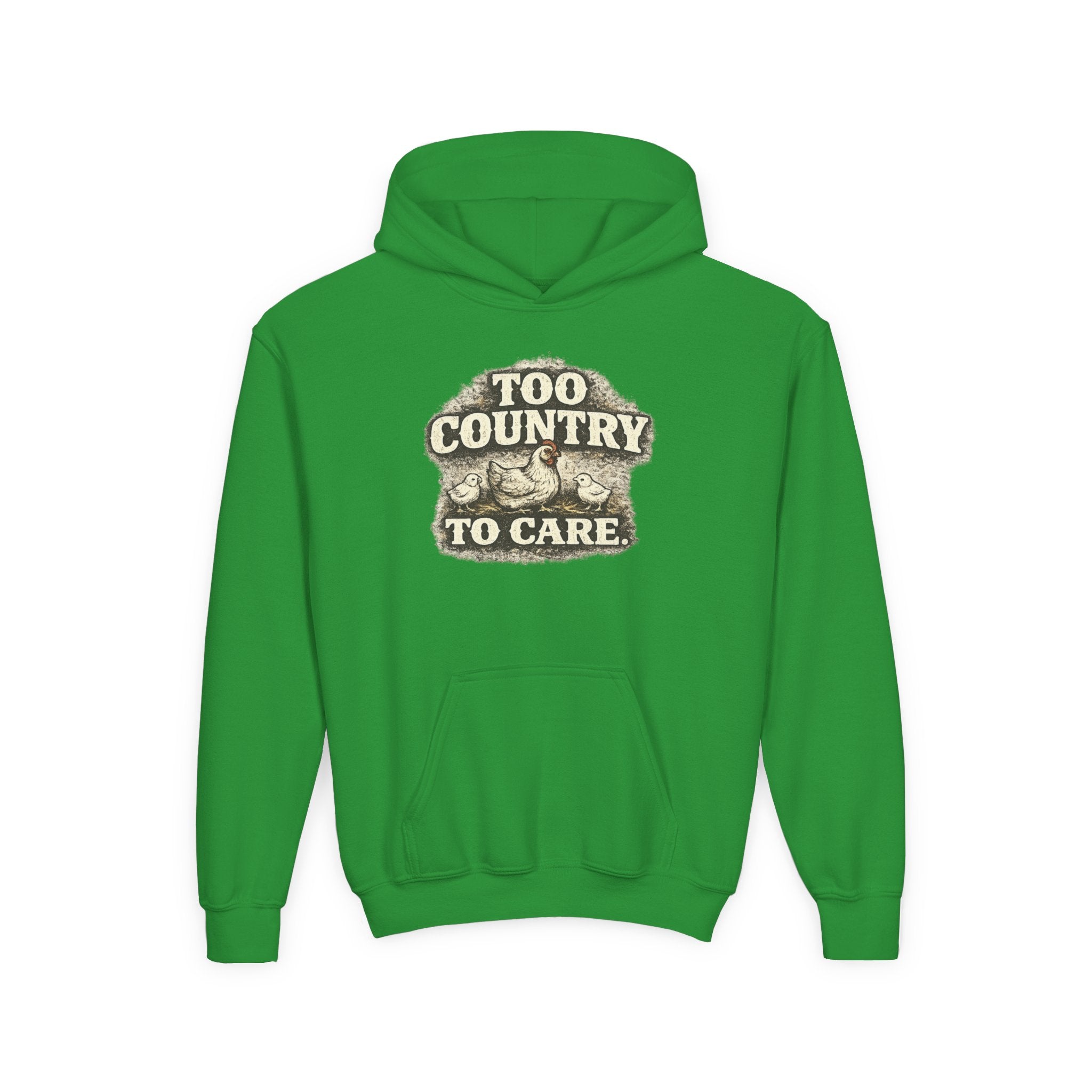 Youth Hoodie — 'Too Country to Care' / Appalachian Faith Graphic