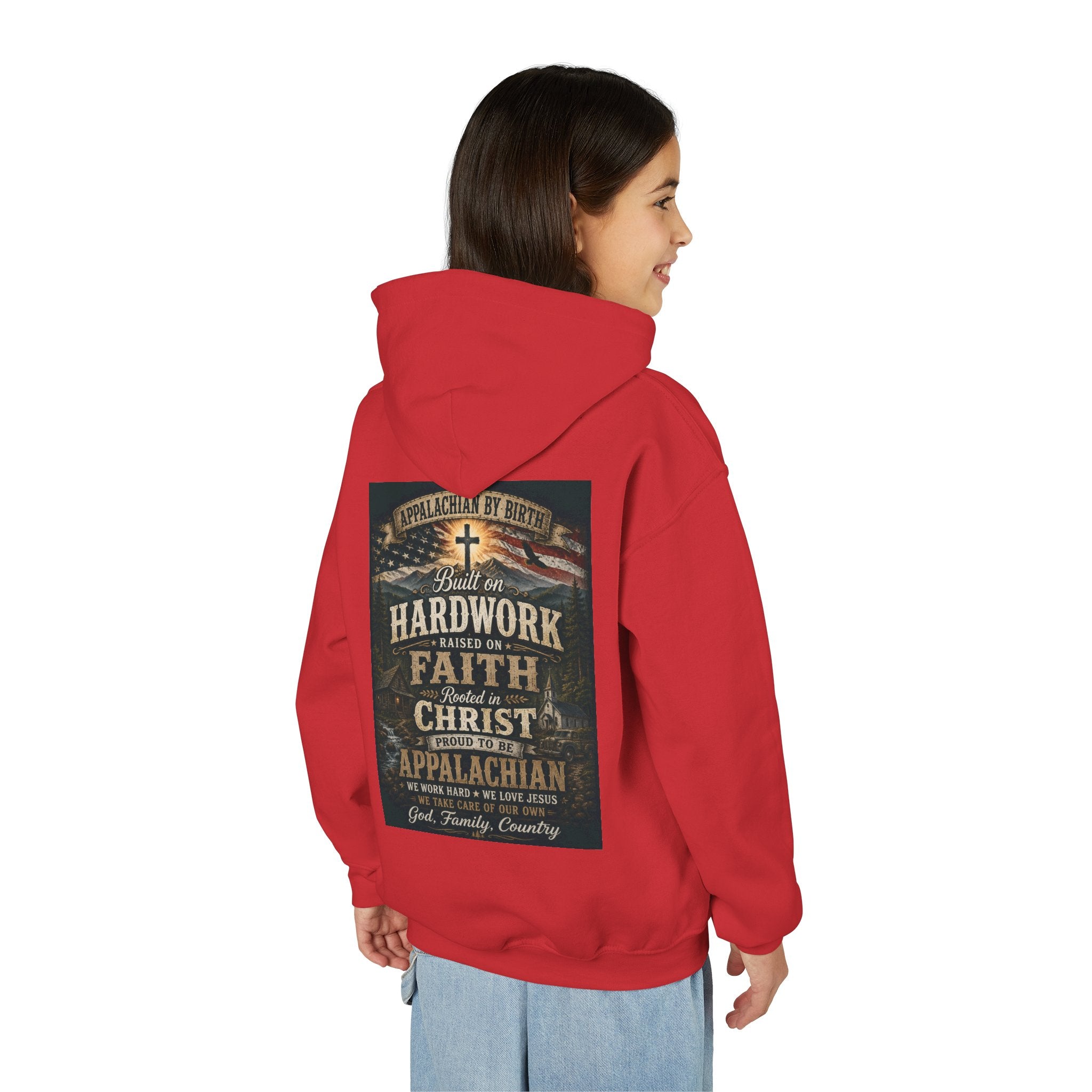 Youth Hoodie — 'Too Country to Care' / Appalachian Faith Graphic