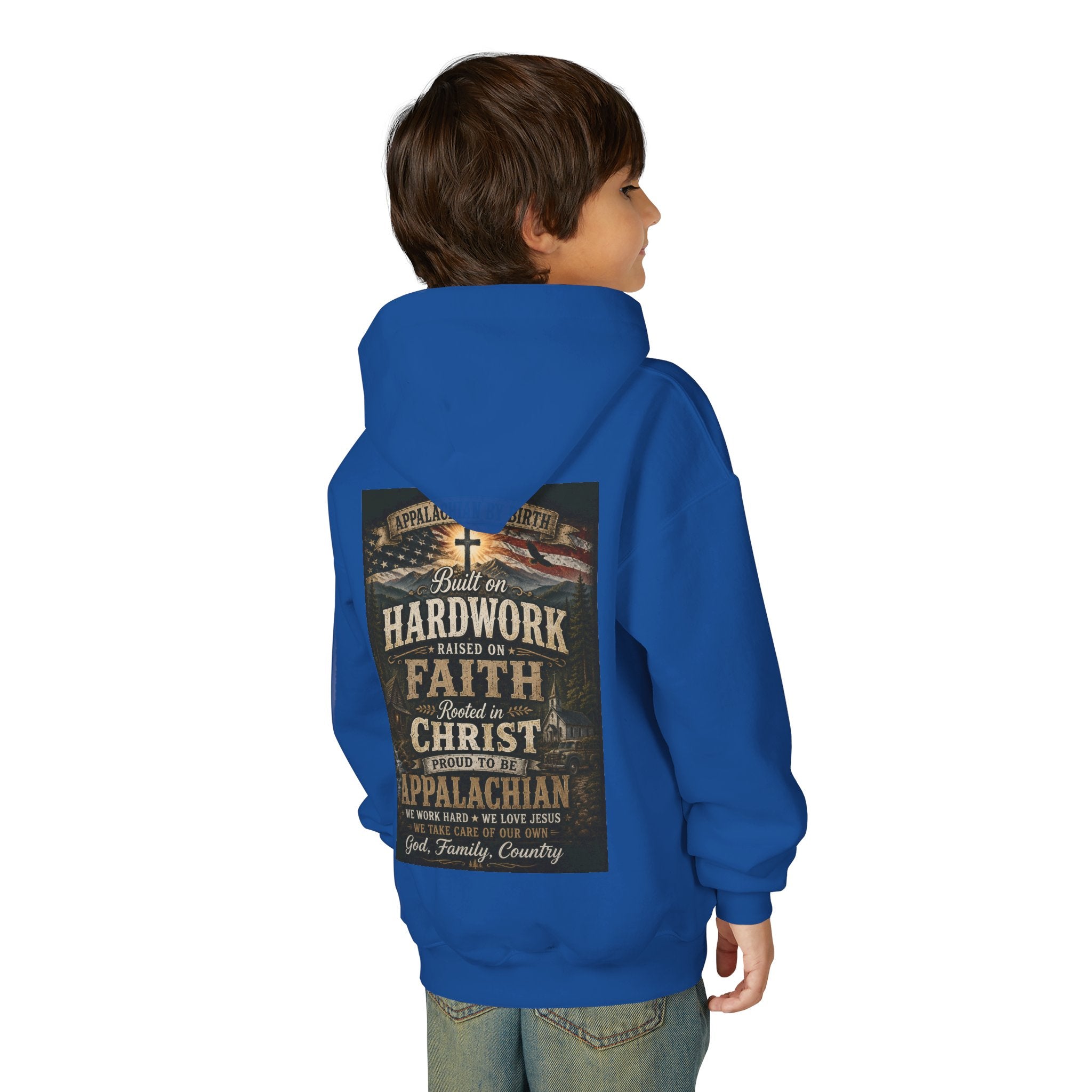 Youth Hoodie — 'Too Country to Care' / Appalachian Faith Graphic