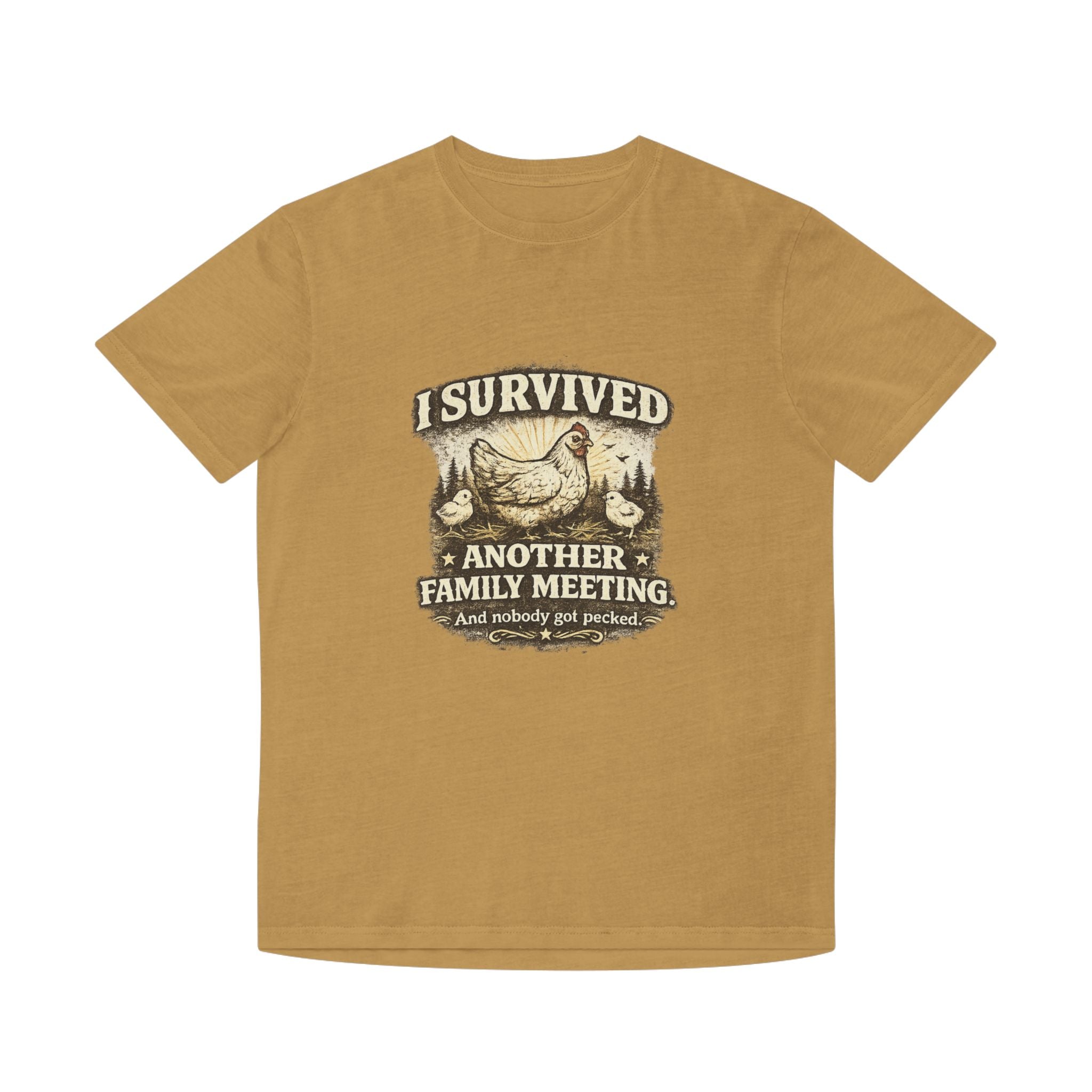 T-Shirt — "I Survived Another Family Meeting" Vintage Chicken Humor Tee