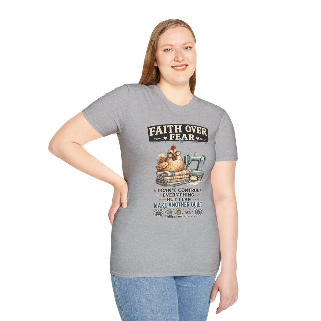 Faith Over Fear Quilting T‑Shirt — Chicken & Sewing Machine Graphic