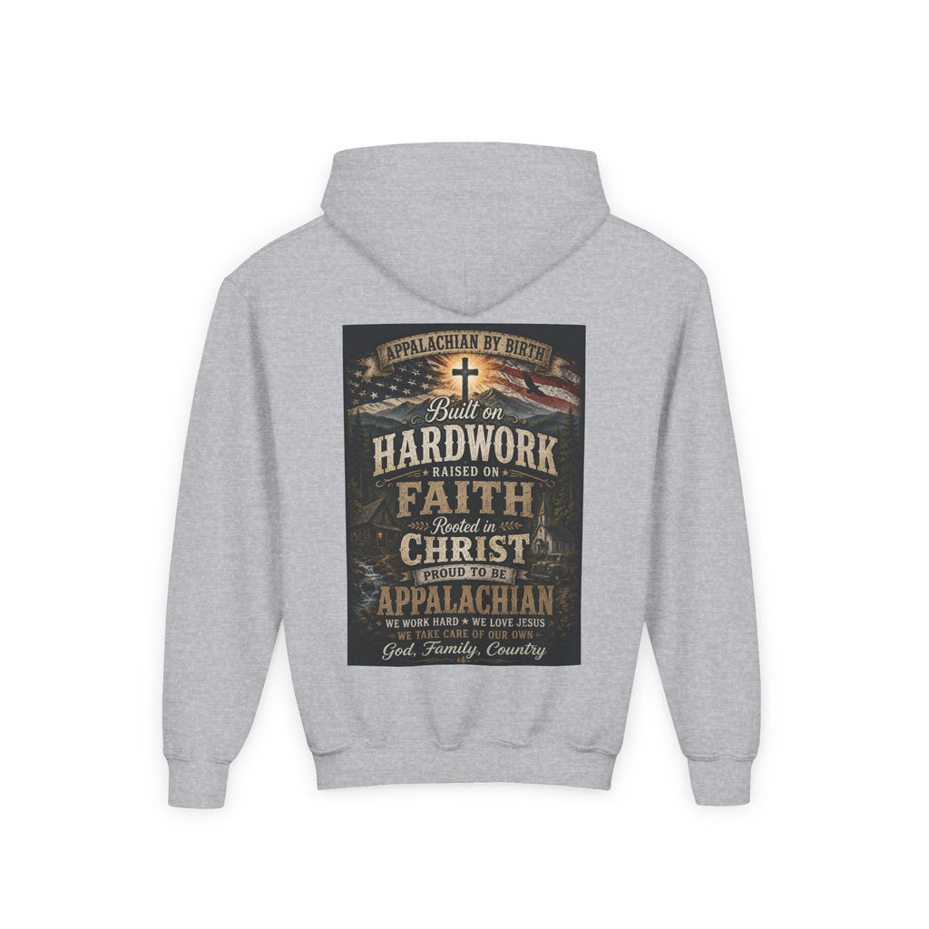 Youth Hoodie — 'Too Country to Care' / Appalachian Faith Graphic