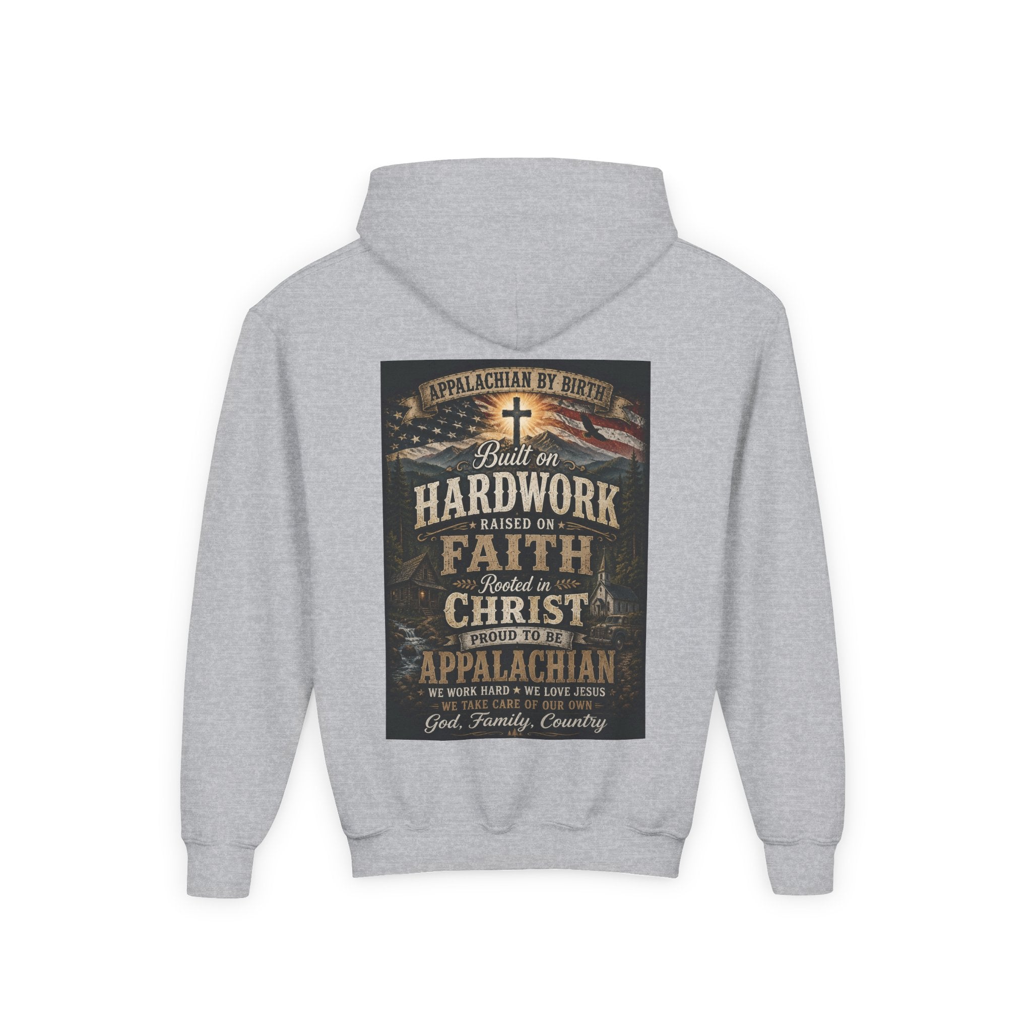 Youth Hoodie — 'Too Country to Care' / Appalachian Faith Graphic
