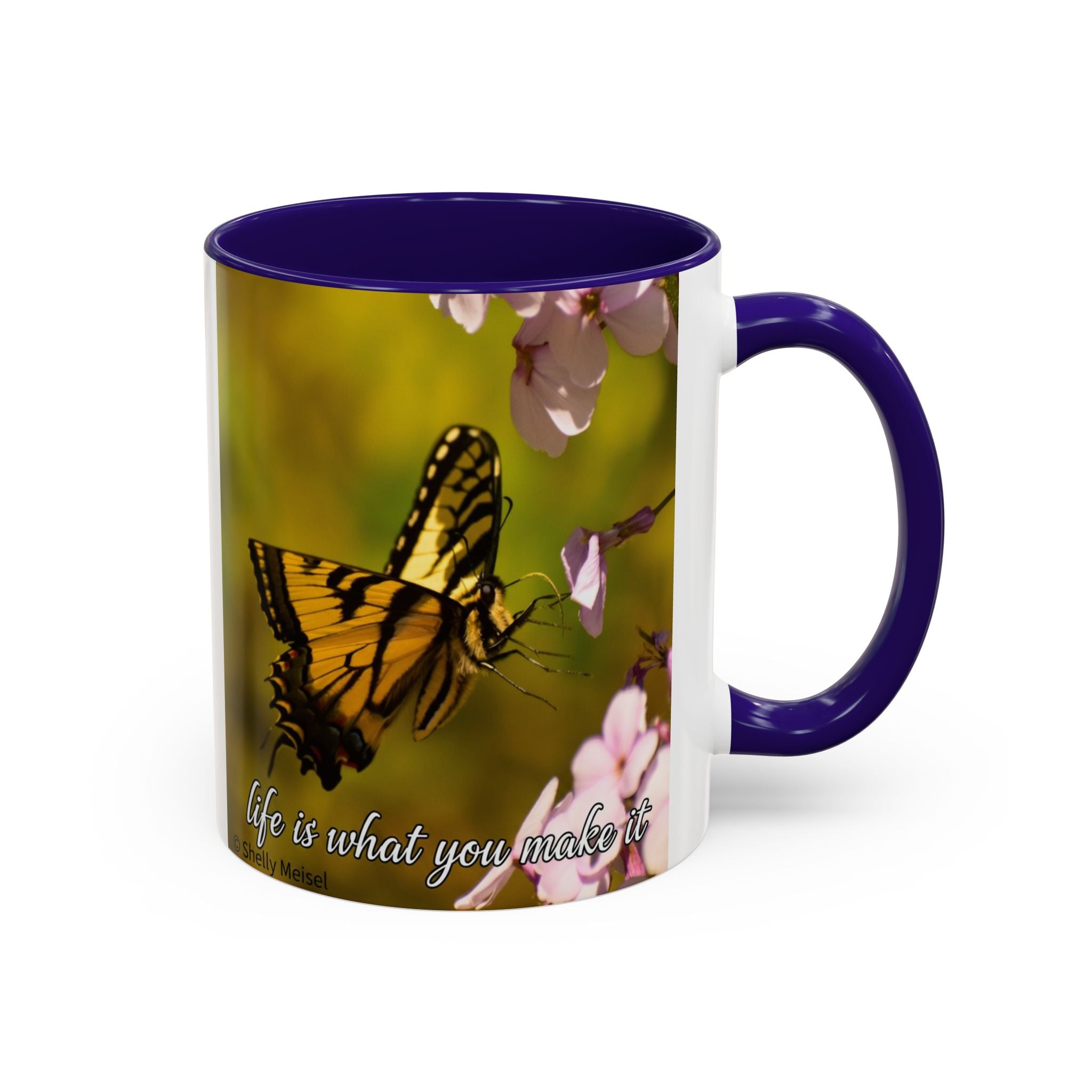 Butterfly Floral Mug — "Life Is What You Make It" Inspirational Coffee Cup