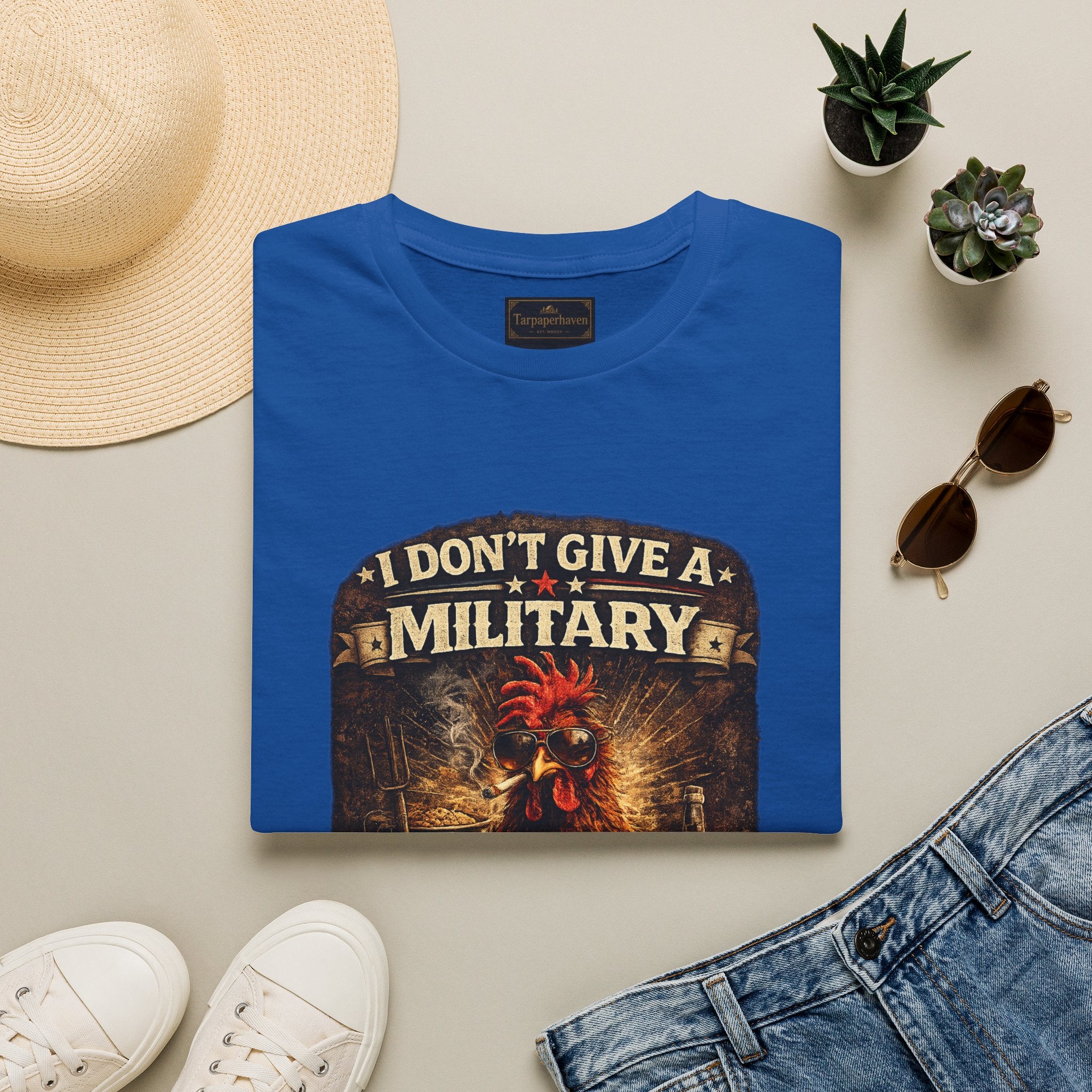 T‑Shirt — "I Don't Give A Military Cluck" Rooster Graphic Tee