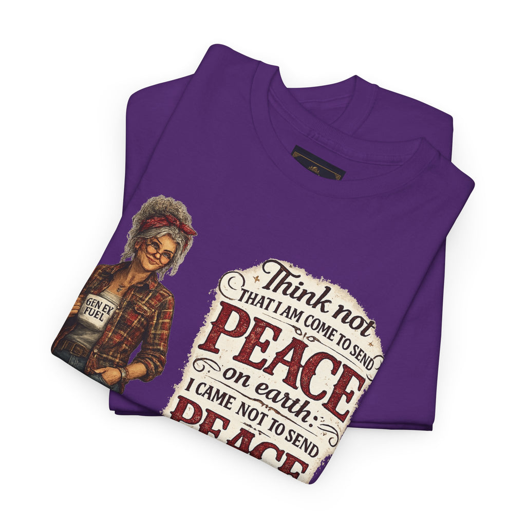 Christian Faith Tee — "I Come Not to Send Peace but a Sword" Matthew 10:34 Graphic Shirt