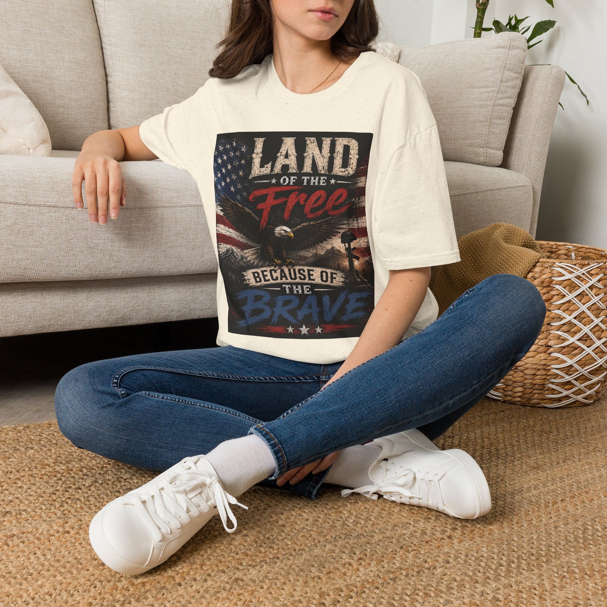 Land of the Free T‑Shirt — Vintage American Flag & Bald Eagle "Because of the Brave"