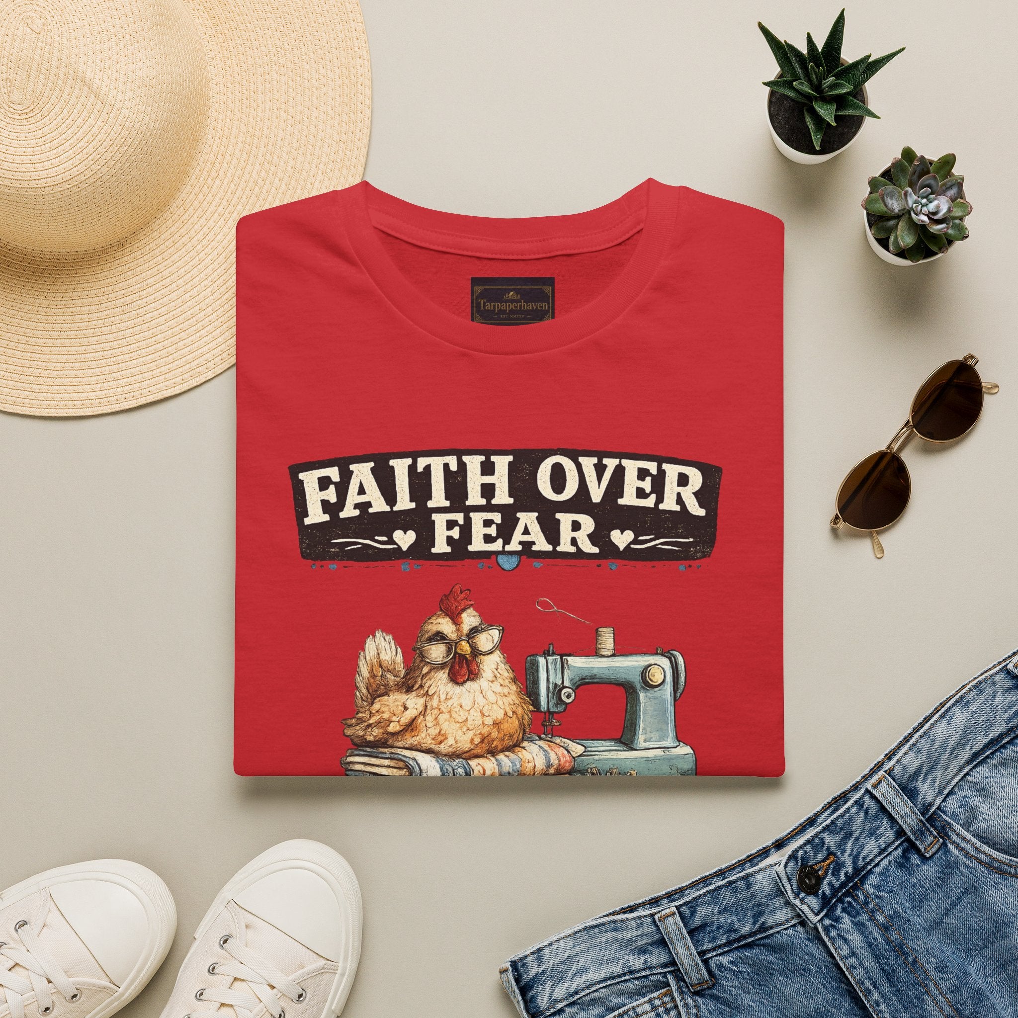 Faith Over Fear Quilting T‑Shirt — Chicken & Sewing Machine Graphic