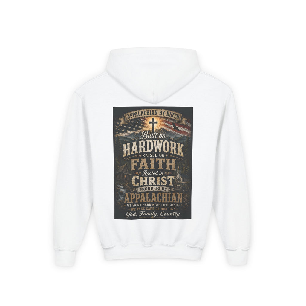 Youth Hoodie — 'Too Country to Care' / Appalachian Faith Graphic
