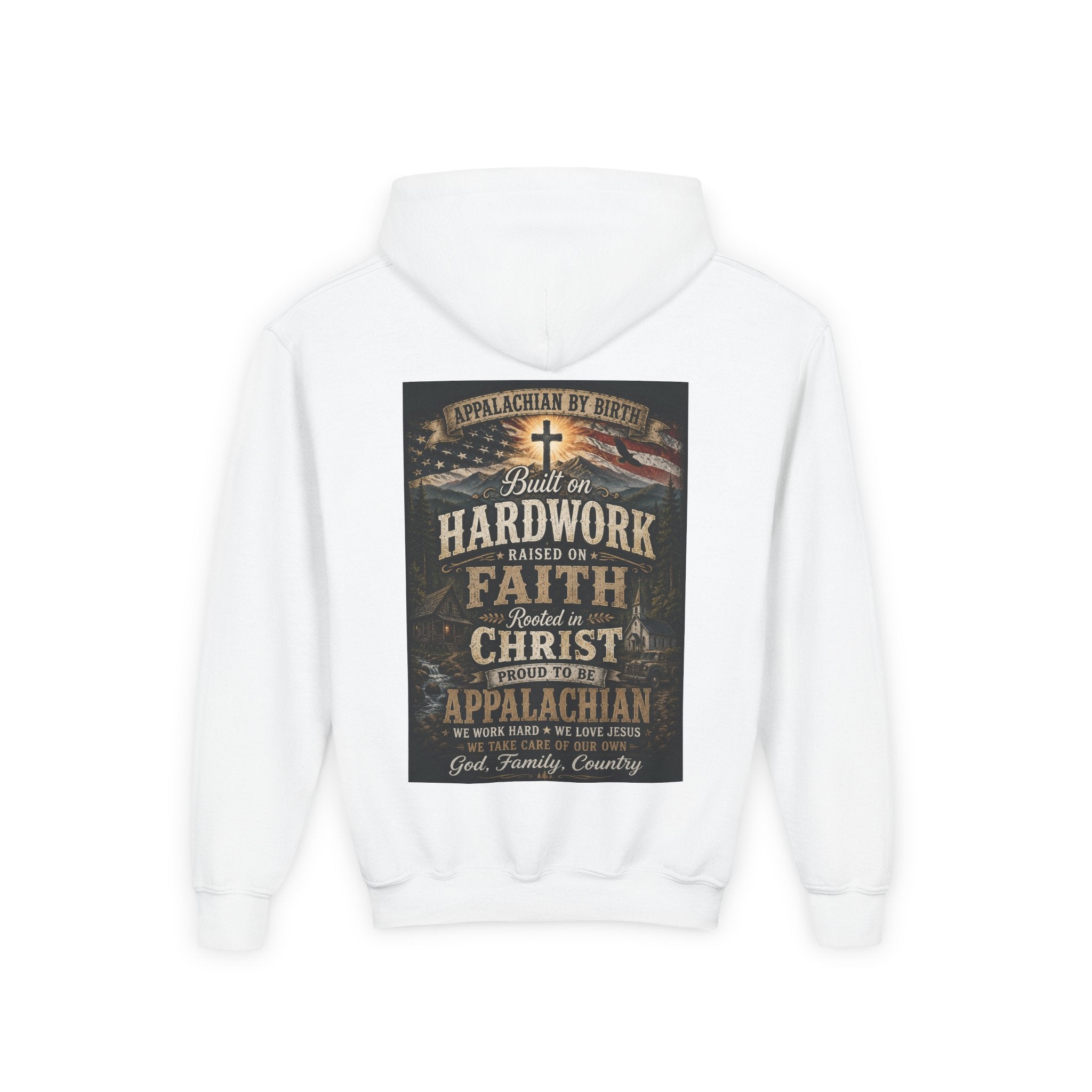 Youth Hoodie — 'Too Country to Care' / Appalachian Faith Graphic