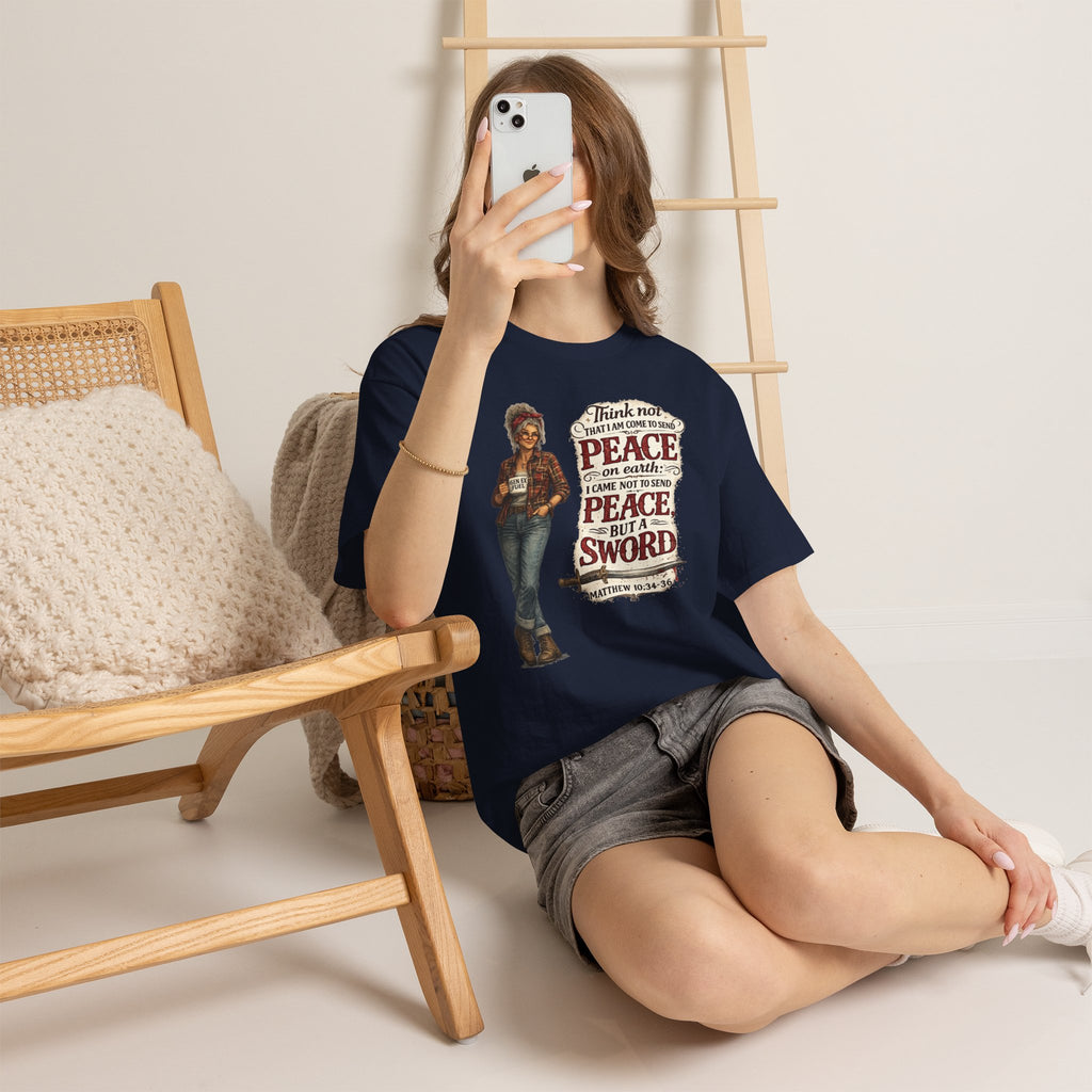 Christian Faith Tee — "I Come Not to Send Peace but a Sword" Matthew 10:34 Graphic Shirt