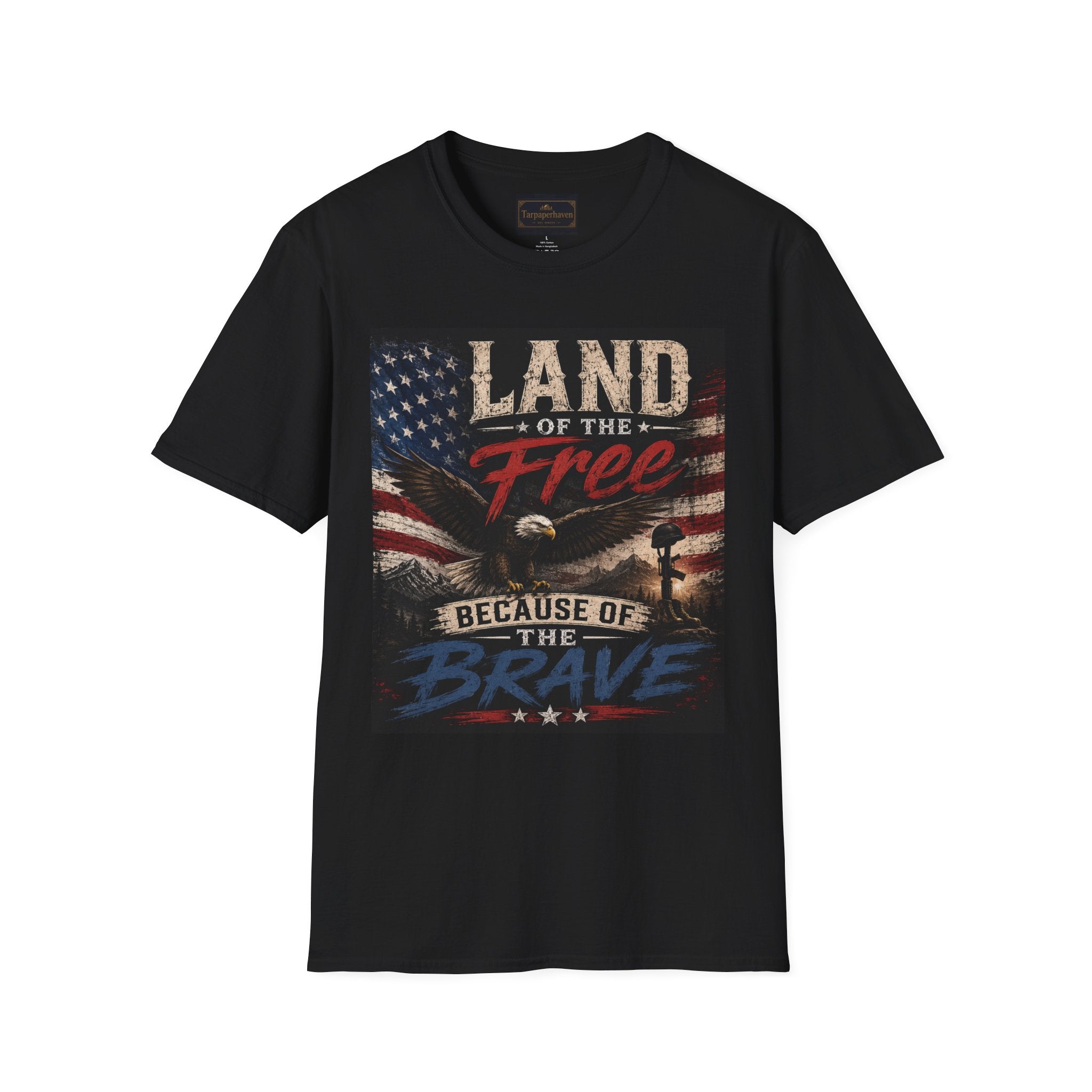 Land of the Free T‑Shirt — Vintage American Flag & Bald Eagle "Because of the Brave"