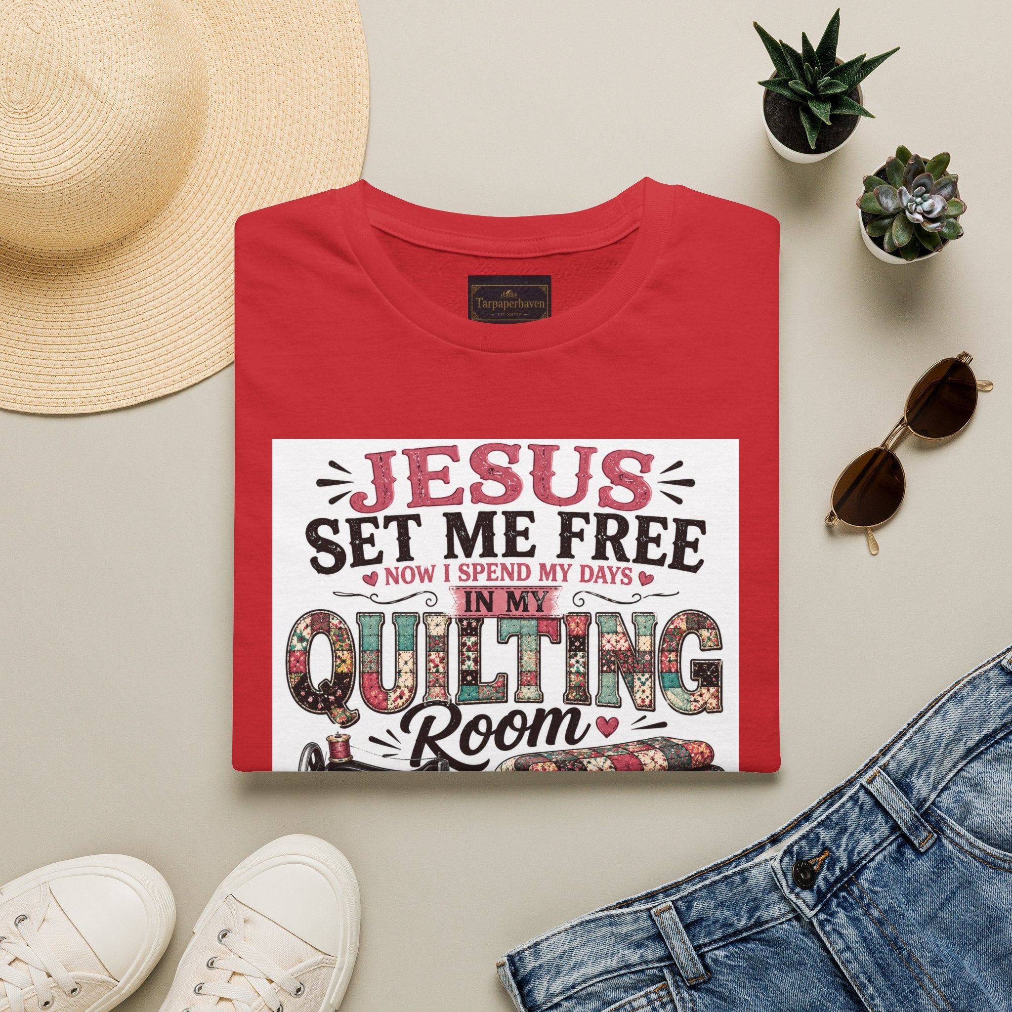 Quilting T-Shirt — "Jesus Set Me Free" Faithful Quilter Tee