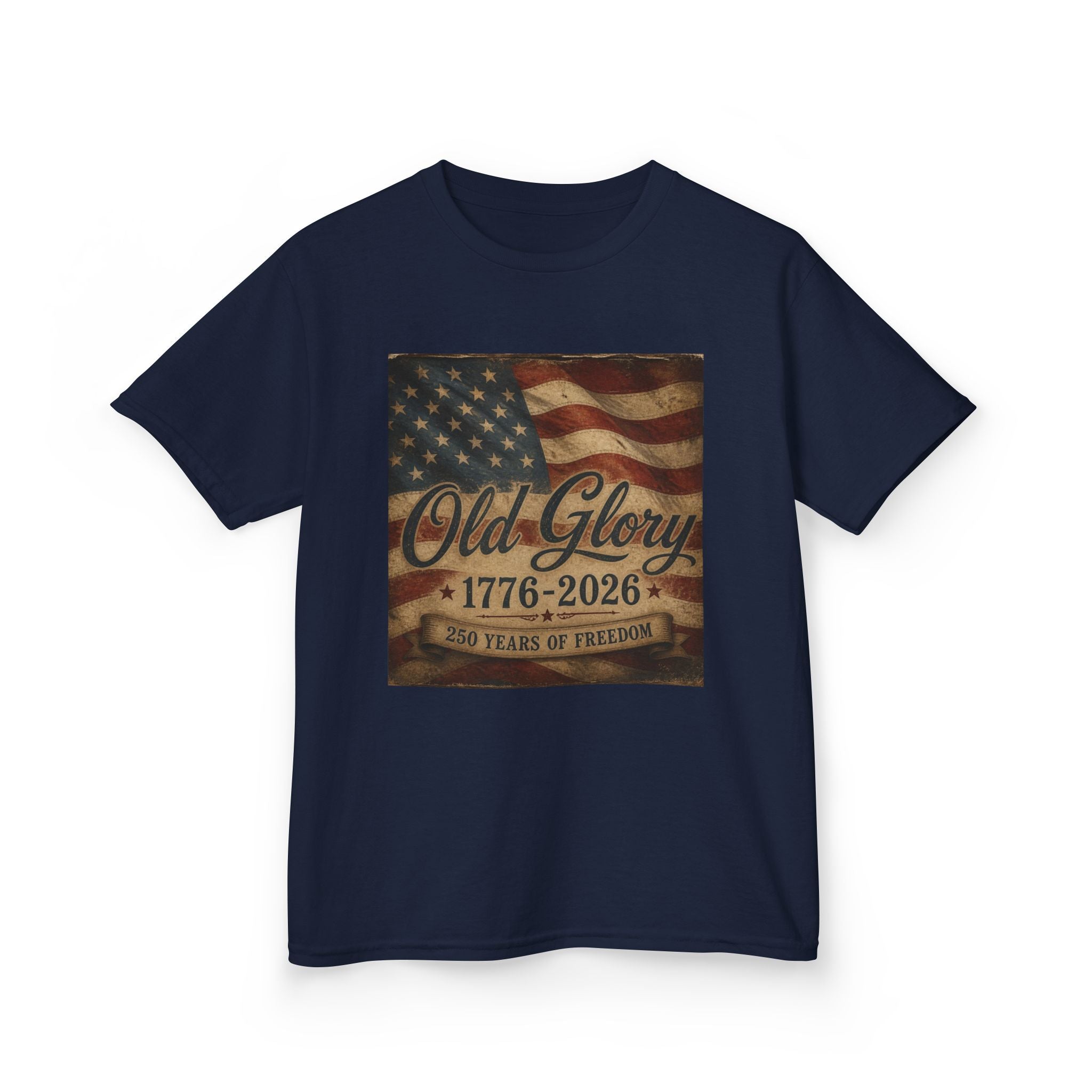 Kids T‑Shirt — "Old Glory 1776–2026" Vintage American Flag Patriotic Tee