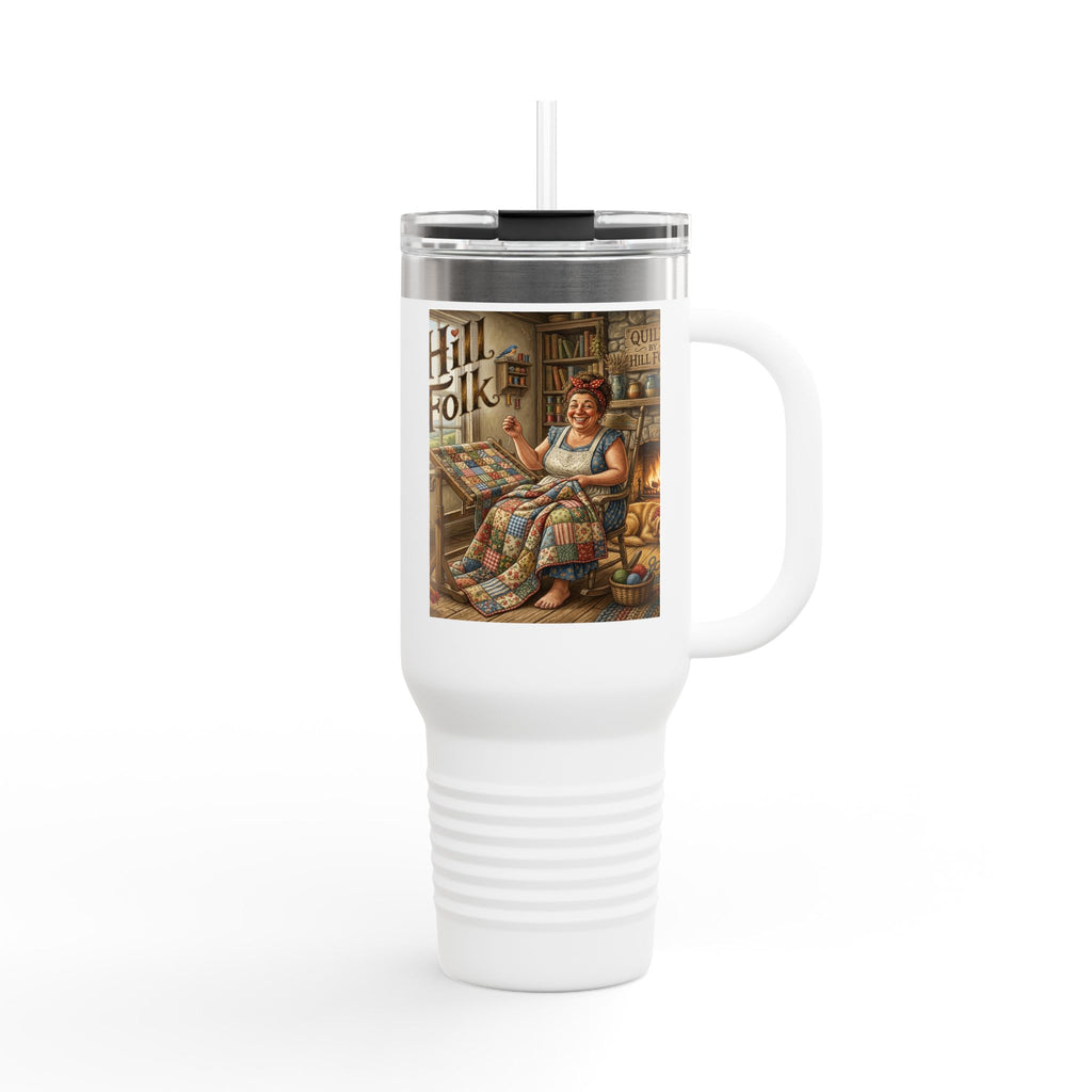 40oz Insulated Travel Mug — Cozy Hillfolk Cabin quilting Scene