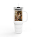 40oz Insulated Travel Mug — Cozy Hillfolk Cabin quilting Scene