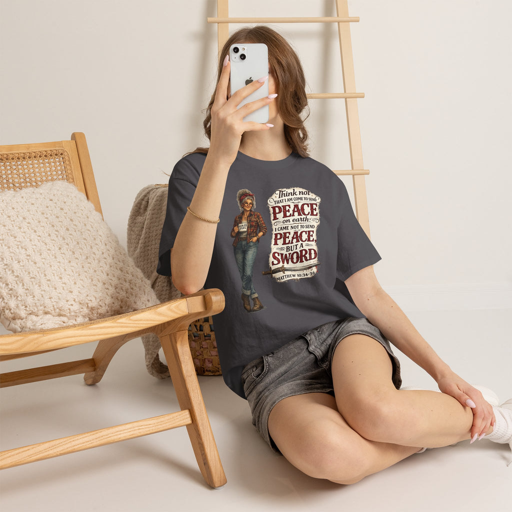 Christian Faith Tee — "I Come Not to Send Peace but a Sword" Matthew 10:34 Graphic Shirt
