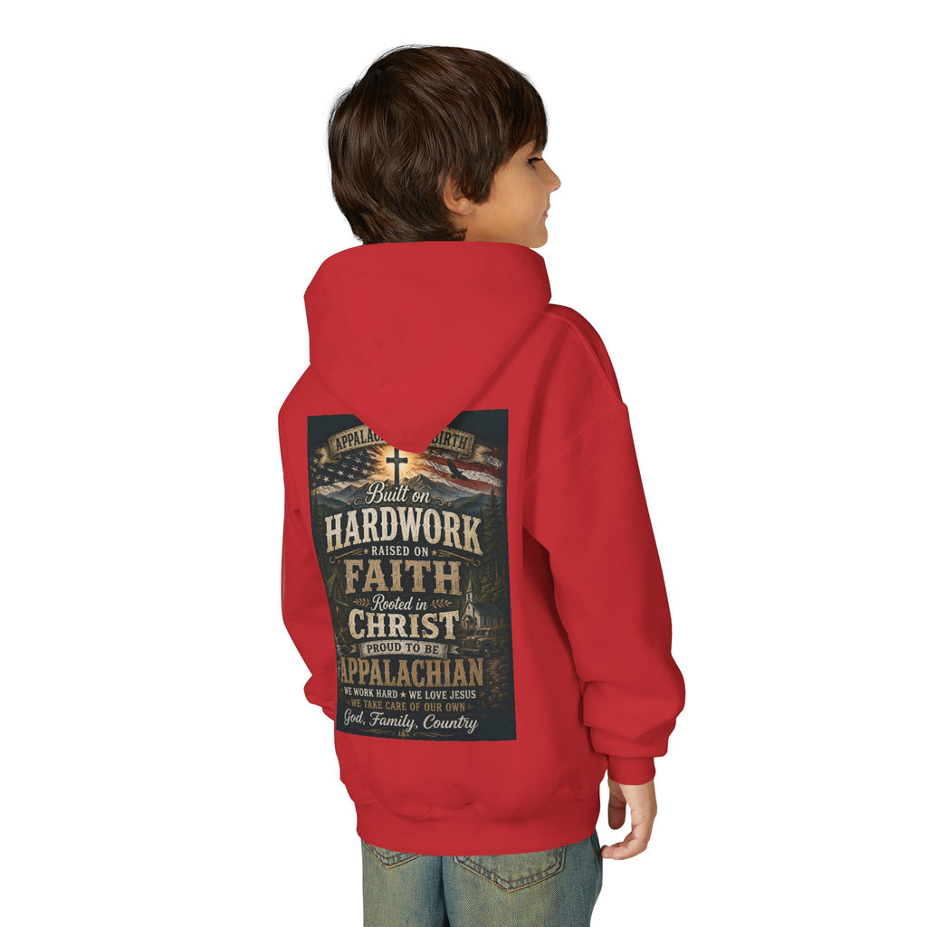 Youth Hoodie — 'Too Country to Care' / Appalachian Faith Graphic