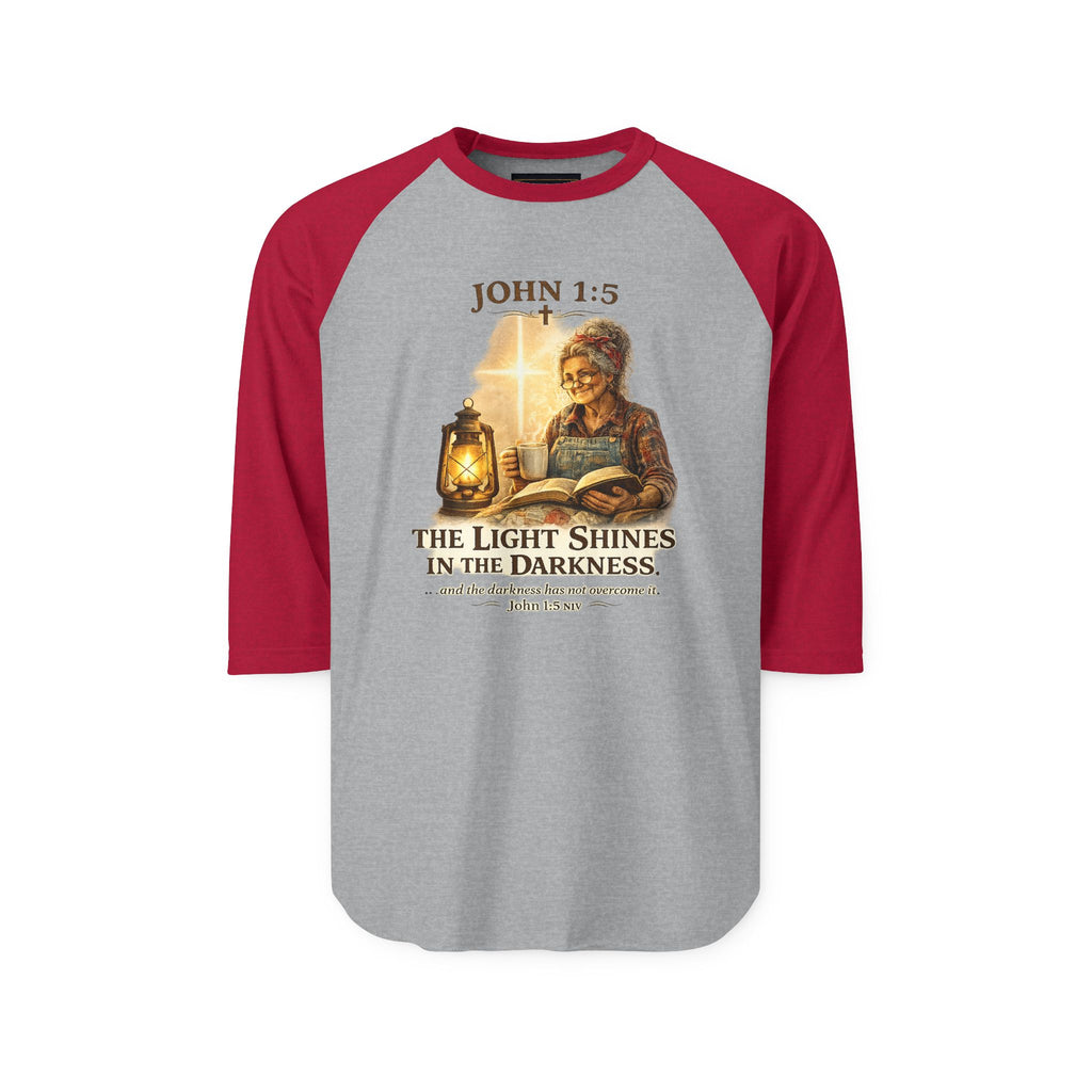 John 1:5 Lantern Graphic Raglan Shirt — "The Light Shines in the Darkness" Christian Baseball Tee