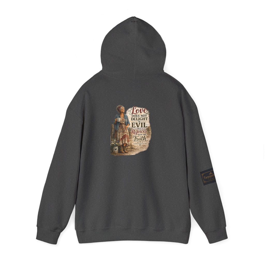 Christian Faith Hoodie - "Love Does Not Delight in Evil" Scripture Sweatshirt