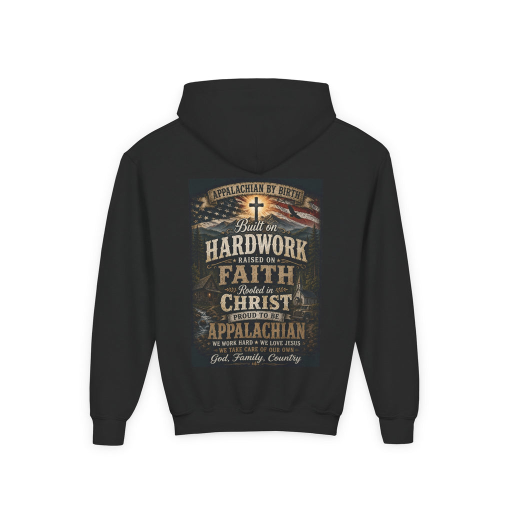 Youth Hoodie — 'Too Country to Care' / Appalachian Faith Graphic