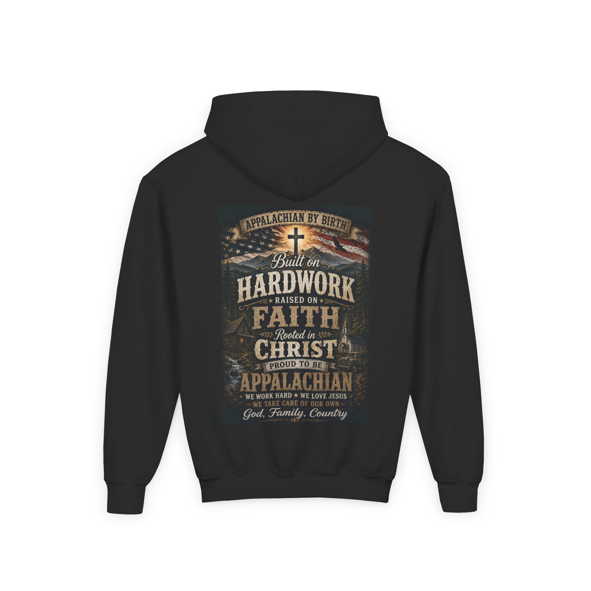 Youth Hoodie — 'Too Country to Care' / Appalachian Faith Graphic