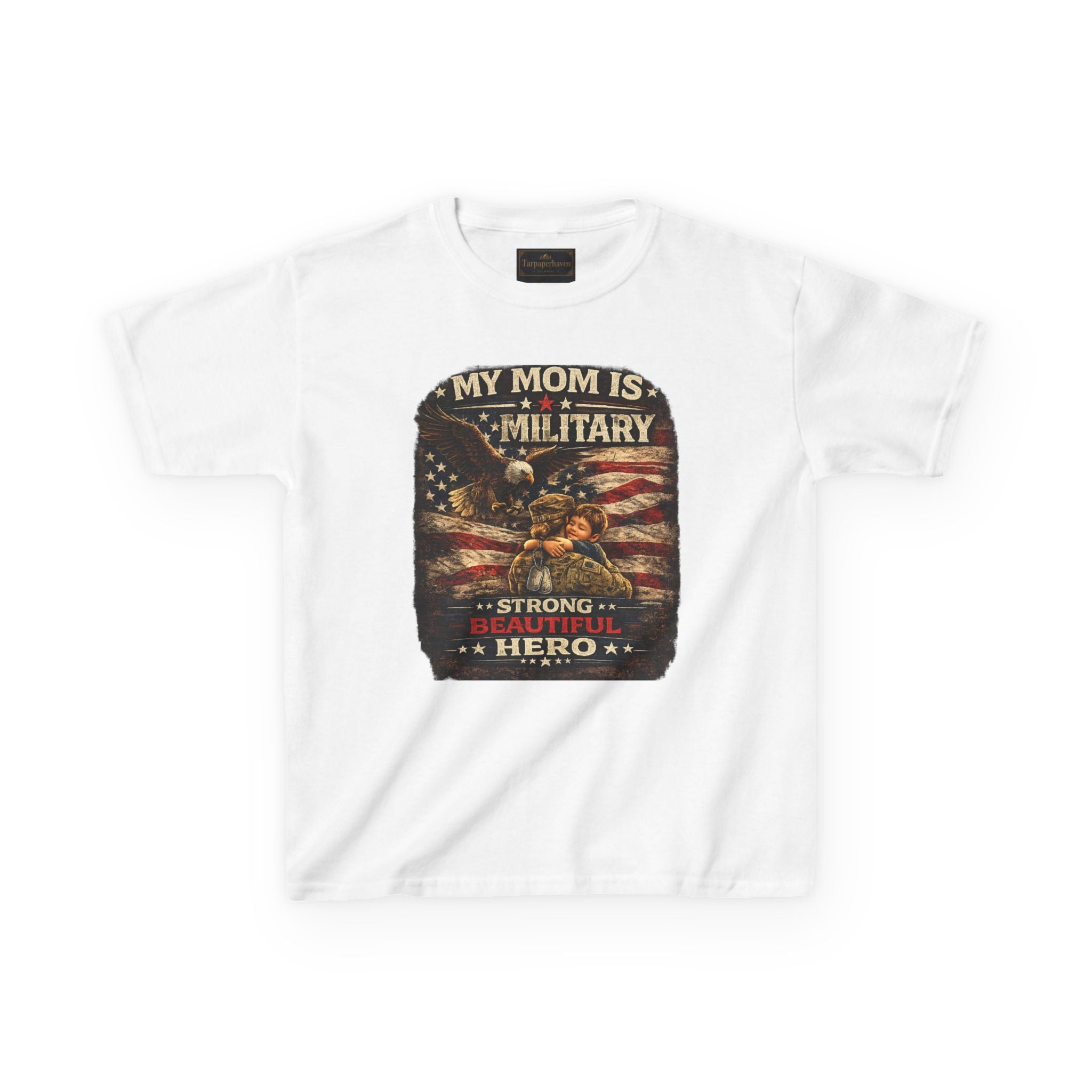 Kids Tee — "My Mom Is Military" Patriotic American Flag Shirt
