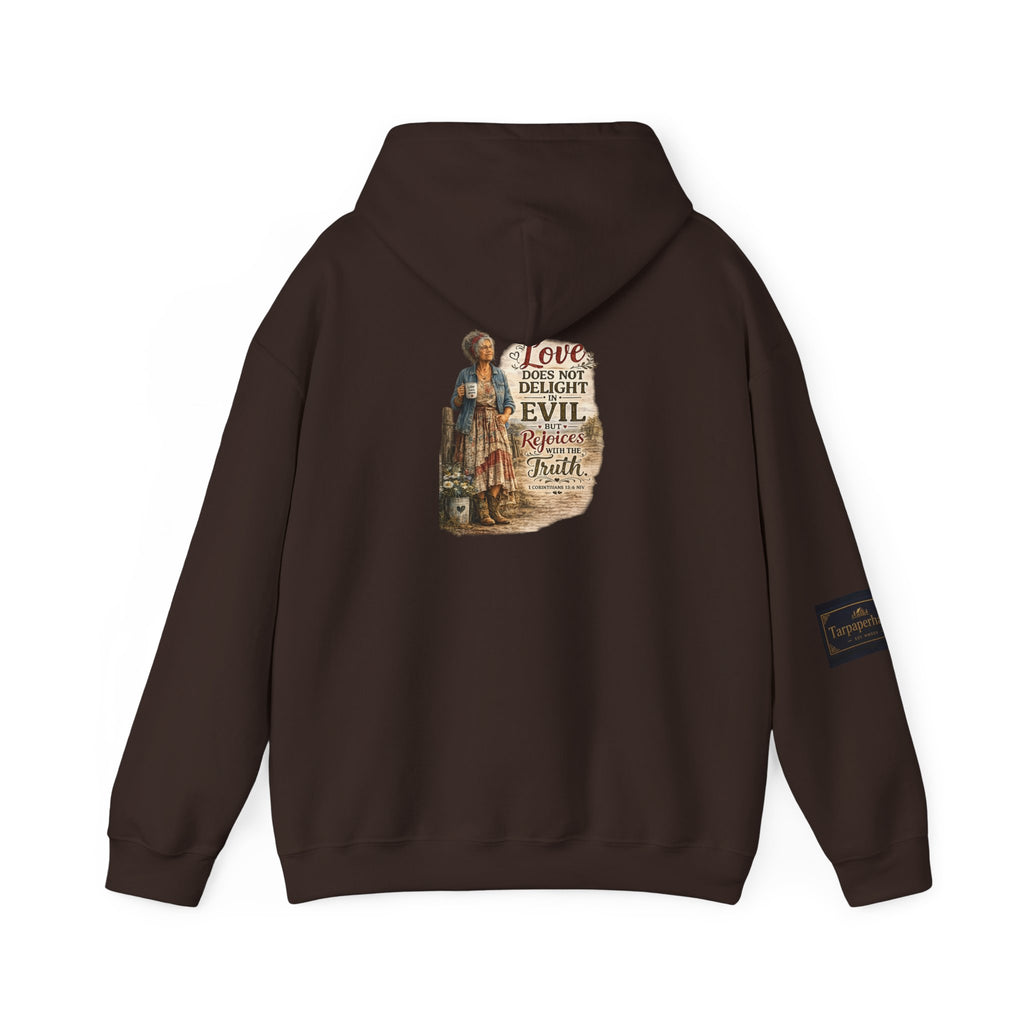 Christian Faith Hoodie - "Love Does Not Delight in Evil" Scripture Sweatshirt