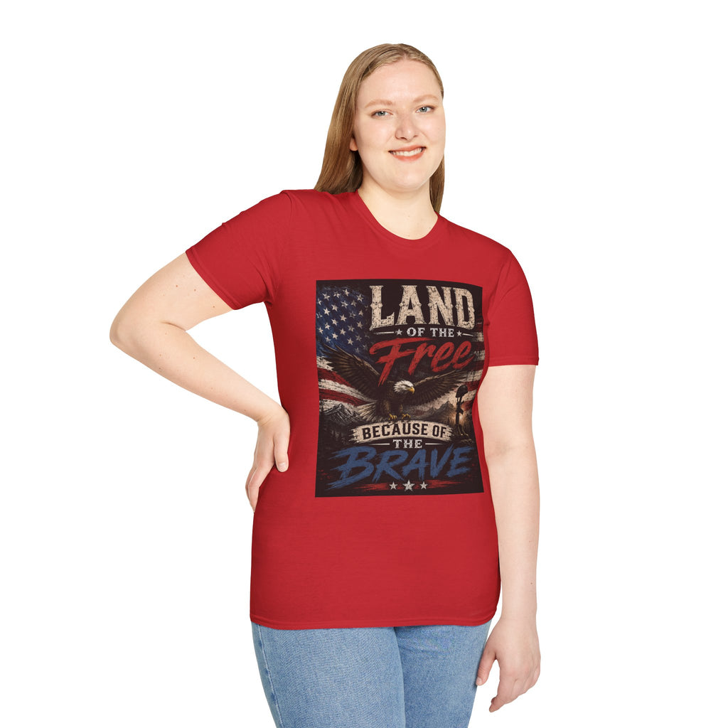 Land of the Free T‑Shirt — Vintage American Flag & Bald Eagle "Because of the Brave"