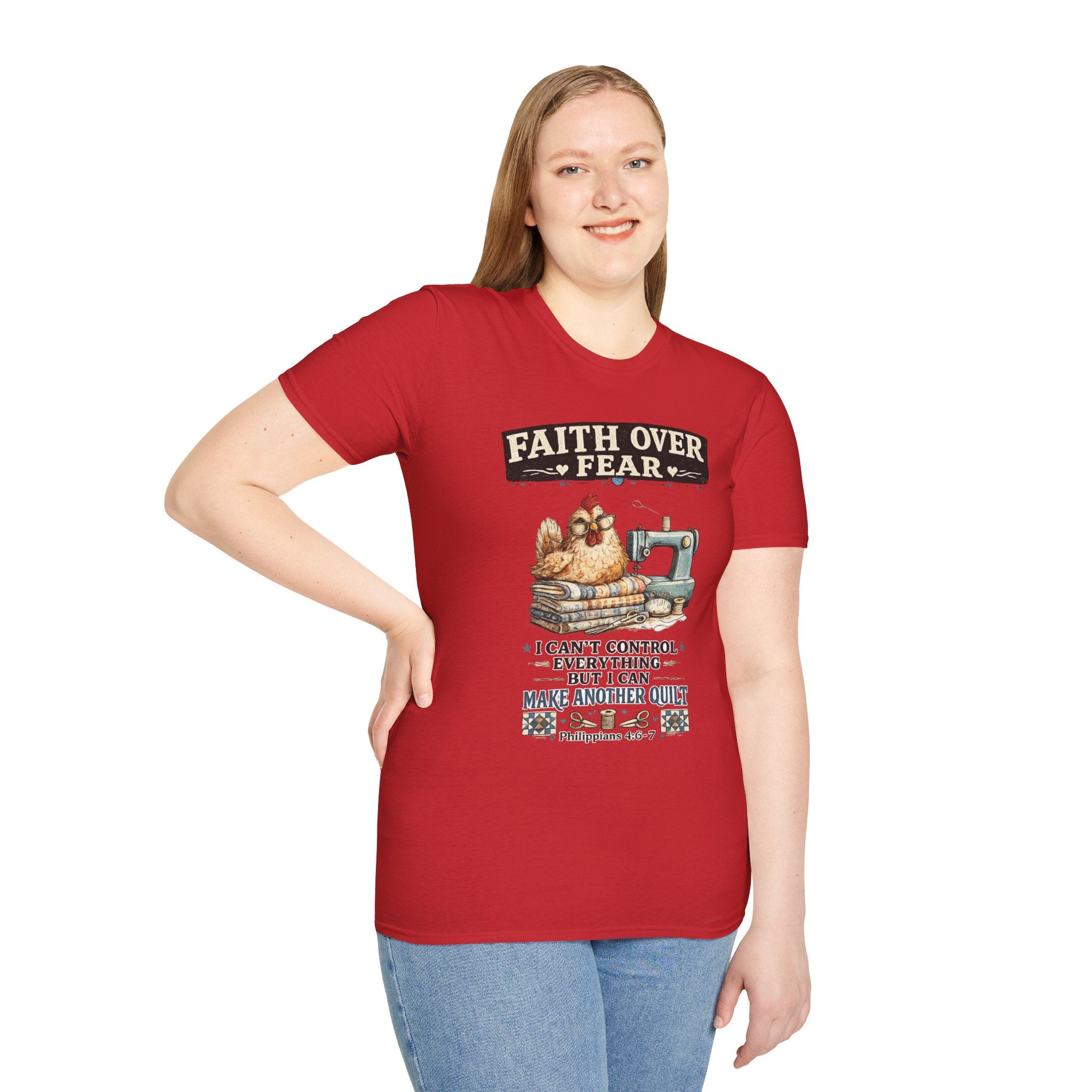 Faith Over Fear Quilting T‑Shirt — Chicken & Sewing Machine Graphic