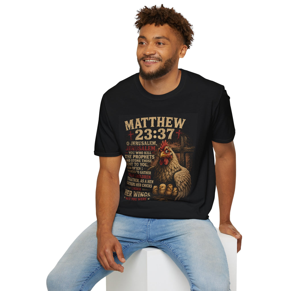 Matthew 23:37 Scripture T-Shirt — Jerusalem Biblical Verse Hen Design