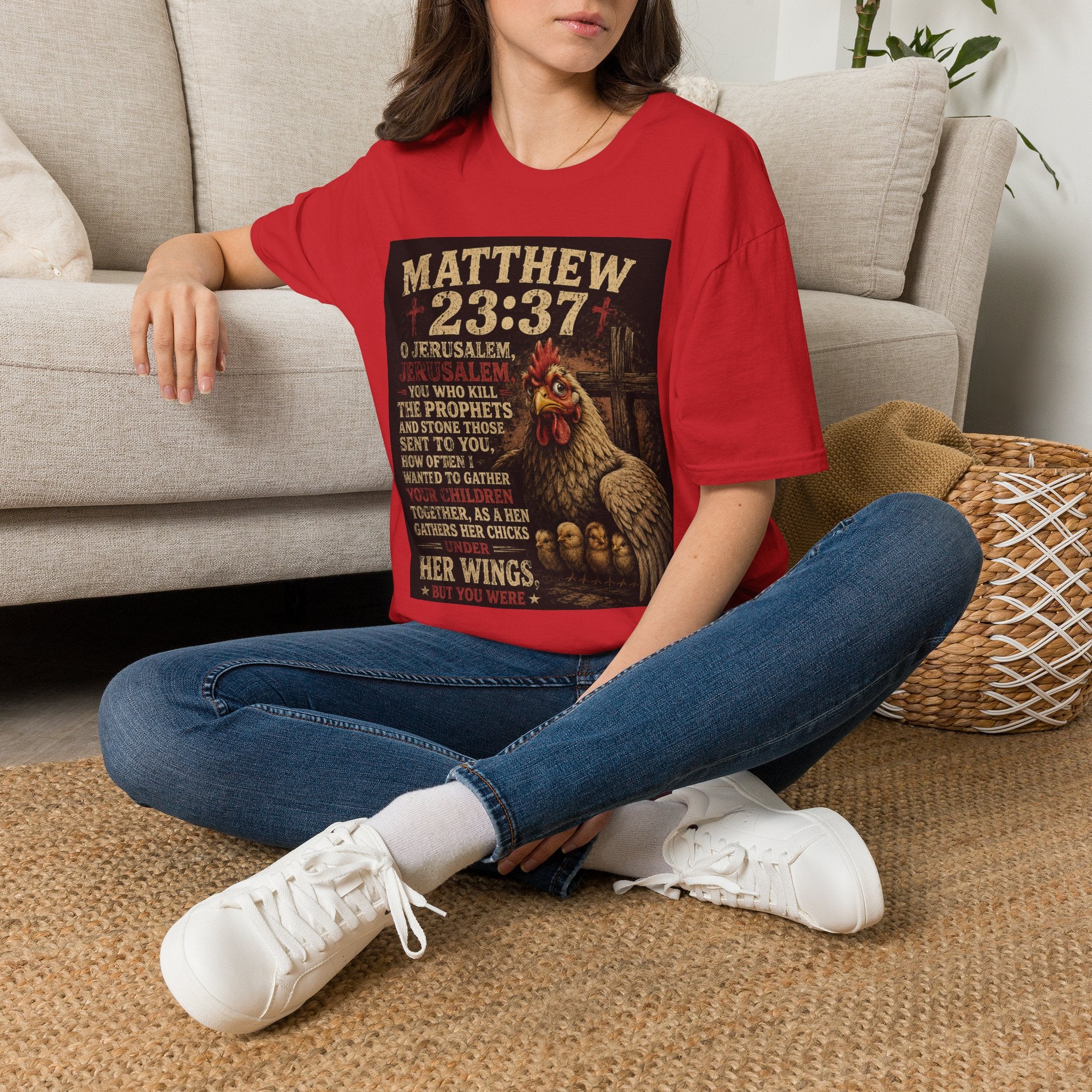 Matthew 23:37 Scripture T-Shirt — Jerusalem Biblical Verse Hen Design