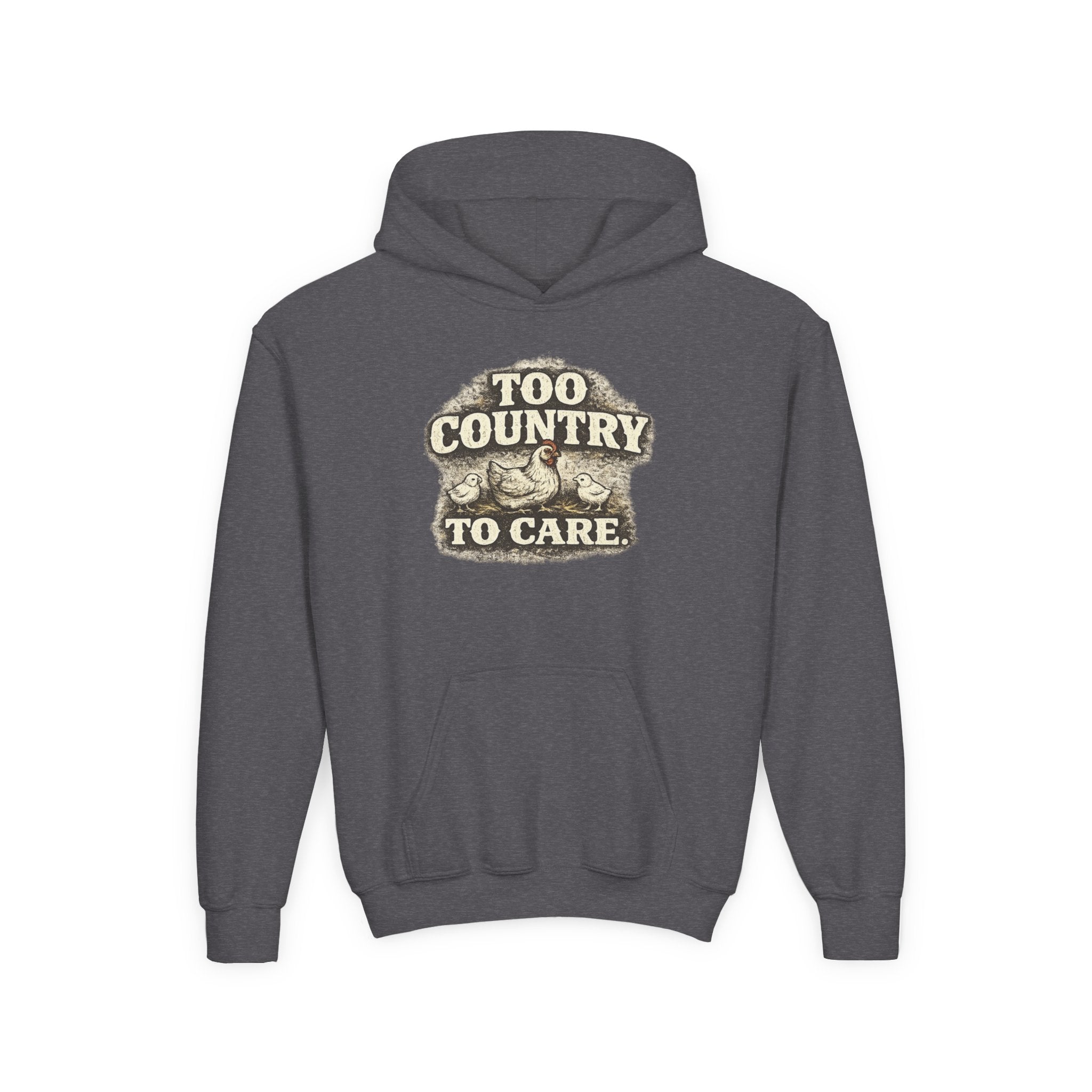 Youth Hoodie — 'Too Country to Care' / Appalachian Faith Graphic