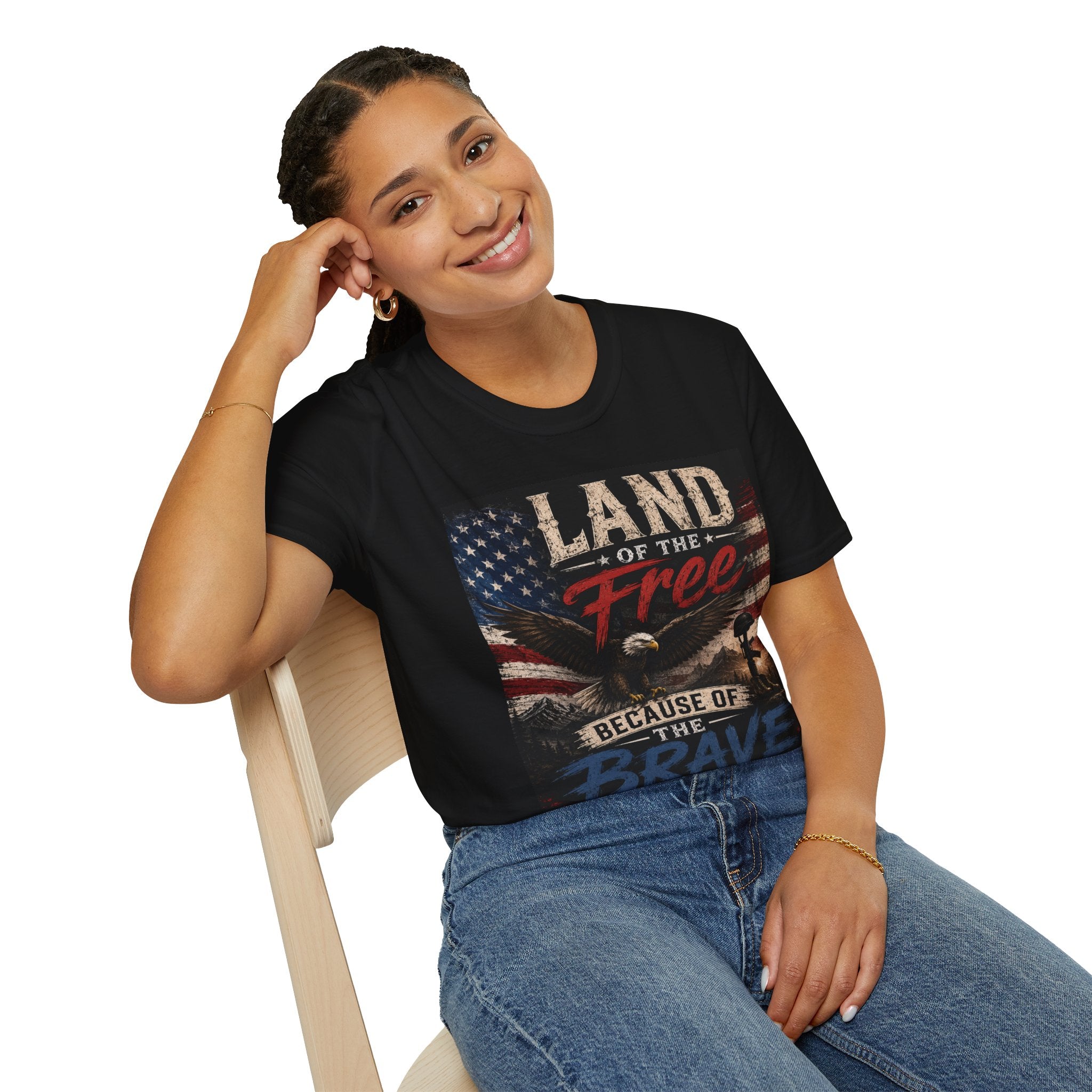 Land of the Free T‑Shirt — Vintage American Flag & Bald Eagle "Because of the Brave"