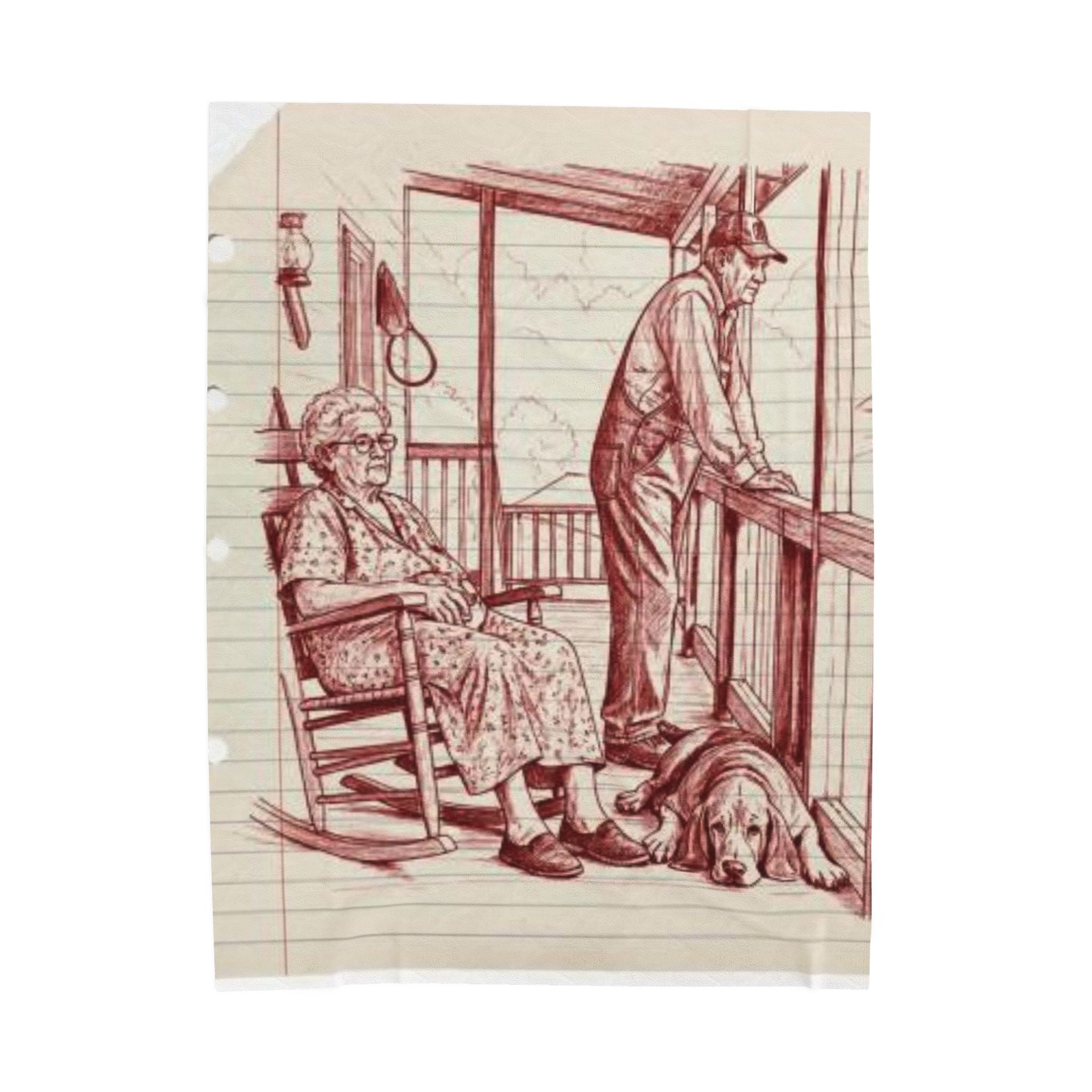 Red work Portrait Velveteen Plush Blanket — Vintage Sketch of Elder Couple & Dog