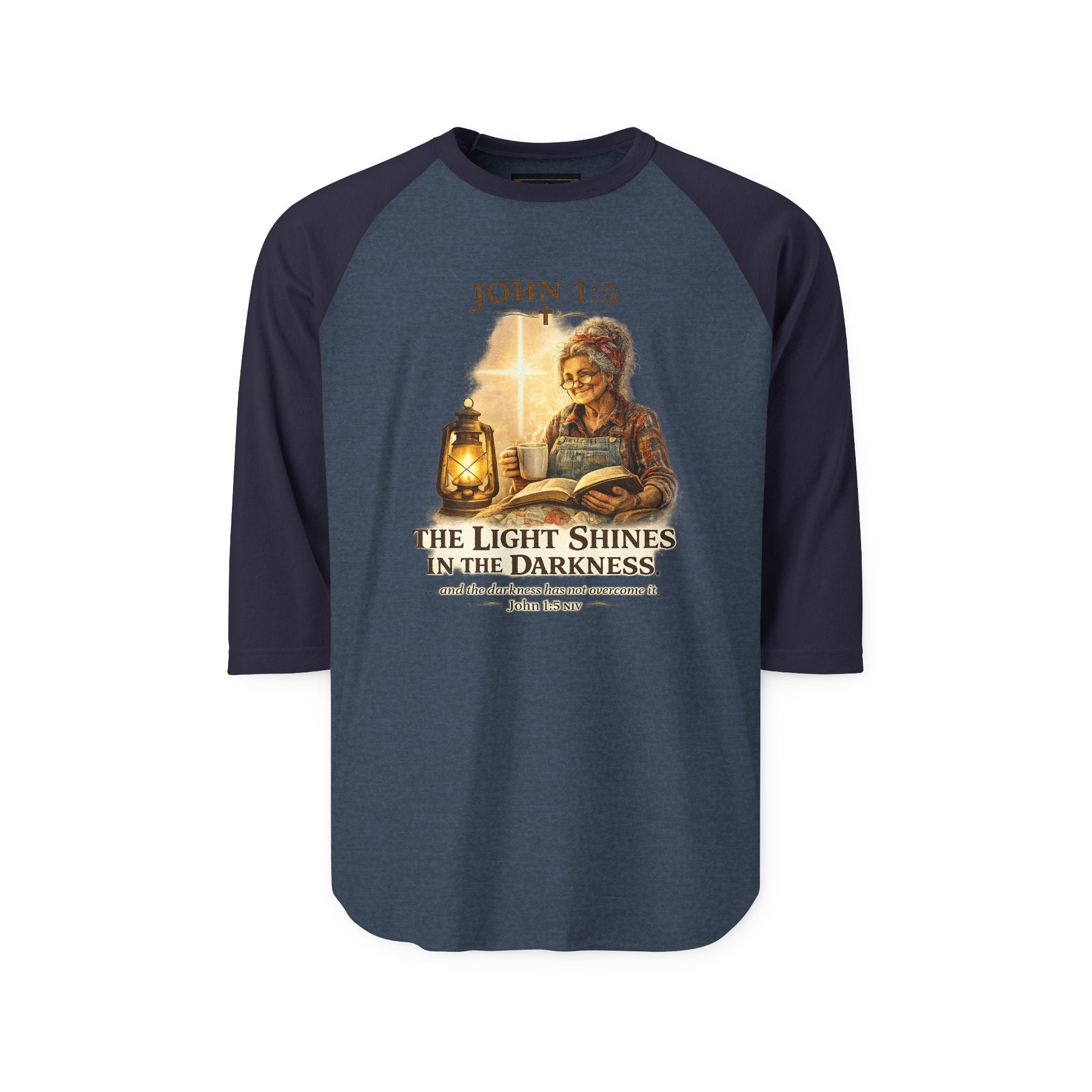 John 1:5 Lantern Graphic Raglan Shirt — "The Light Shines in the Darkness" Christian Baseball Tee