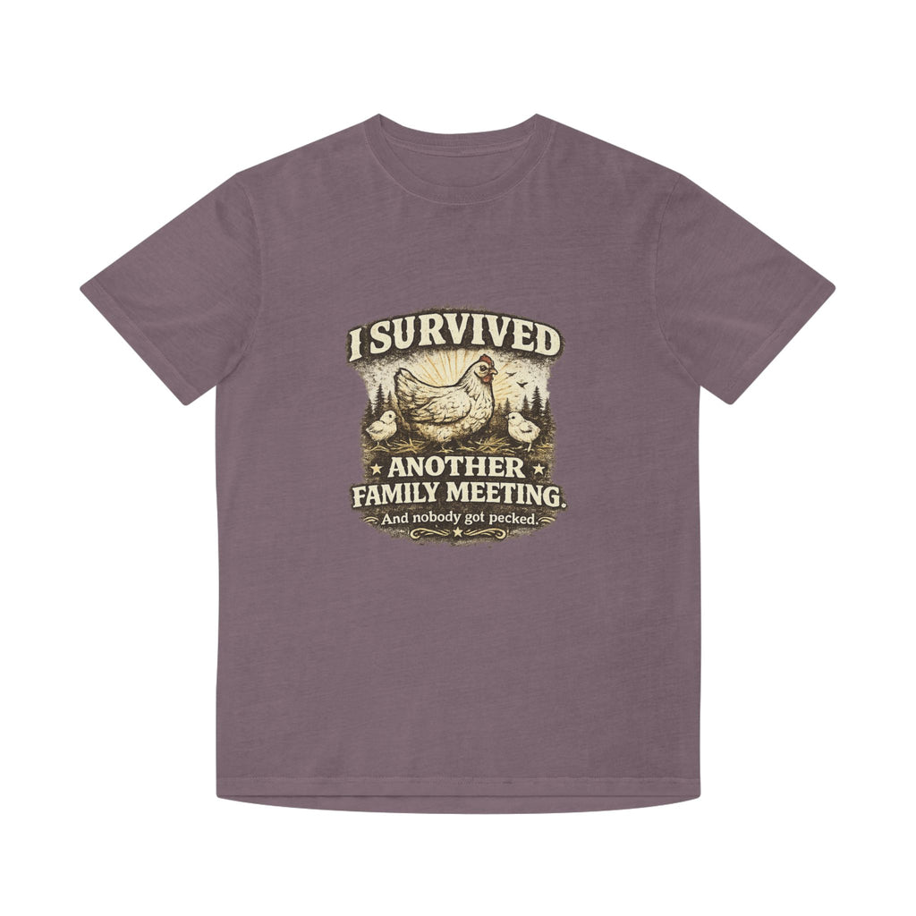 T-Shirt — "I Survived Another Family Meeting" Vintage Chicken Humor Tee