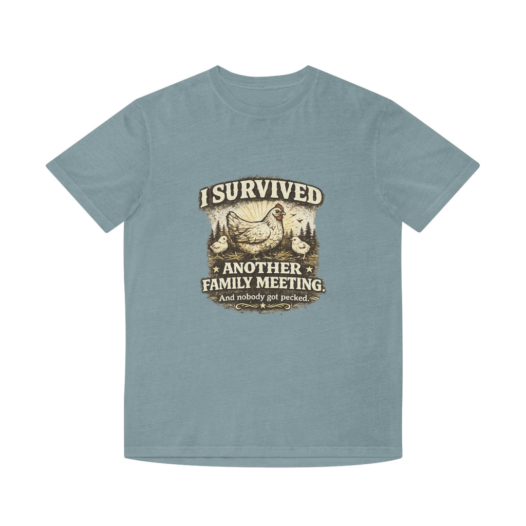 T-Shirt — "I Survived Another Family Meeting" Vintage Chicken Humor Tee
