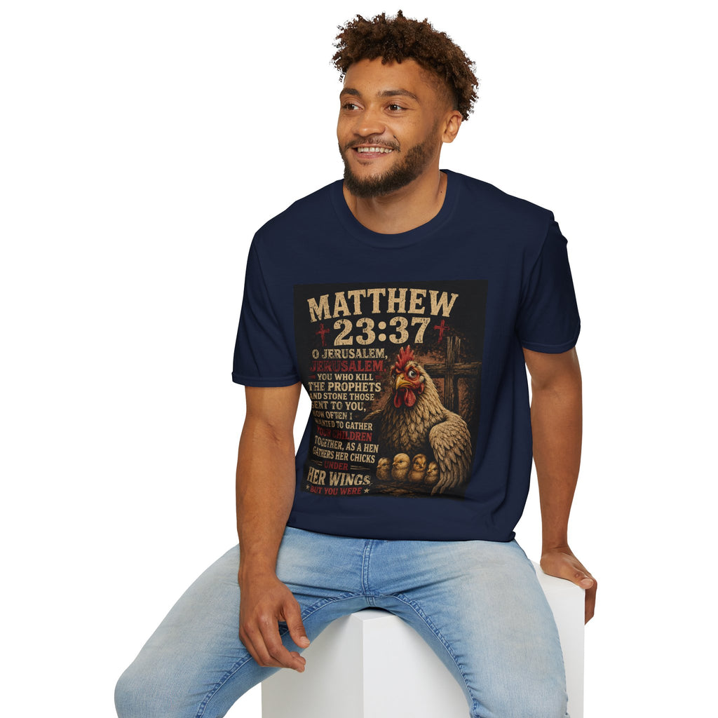 Matthew 23:37 Scripture T-Shirt — Jerusalem Biblical Verse Hen Design