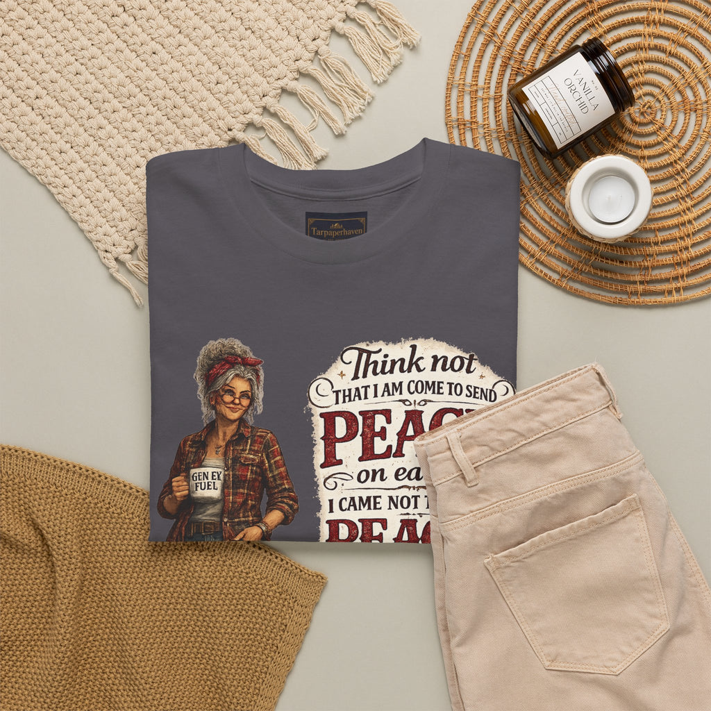 Christian Faith Tee — "I Come Not to Send Peace but a Sword" Matthew 10:34 Graphic Shirt