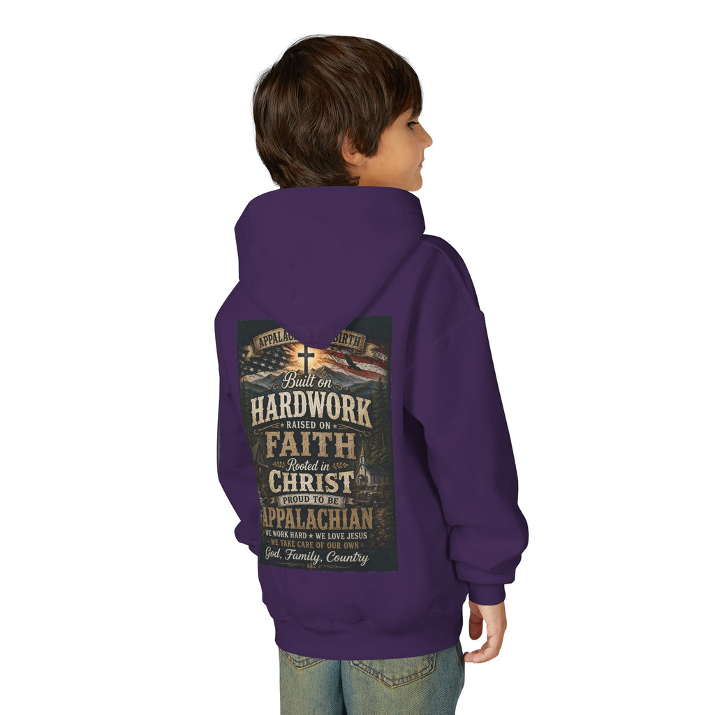 Youth Hoodie — 'Too Country to Care' / Appalachian Faith Graphic