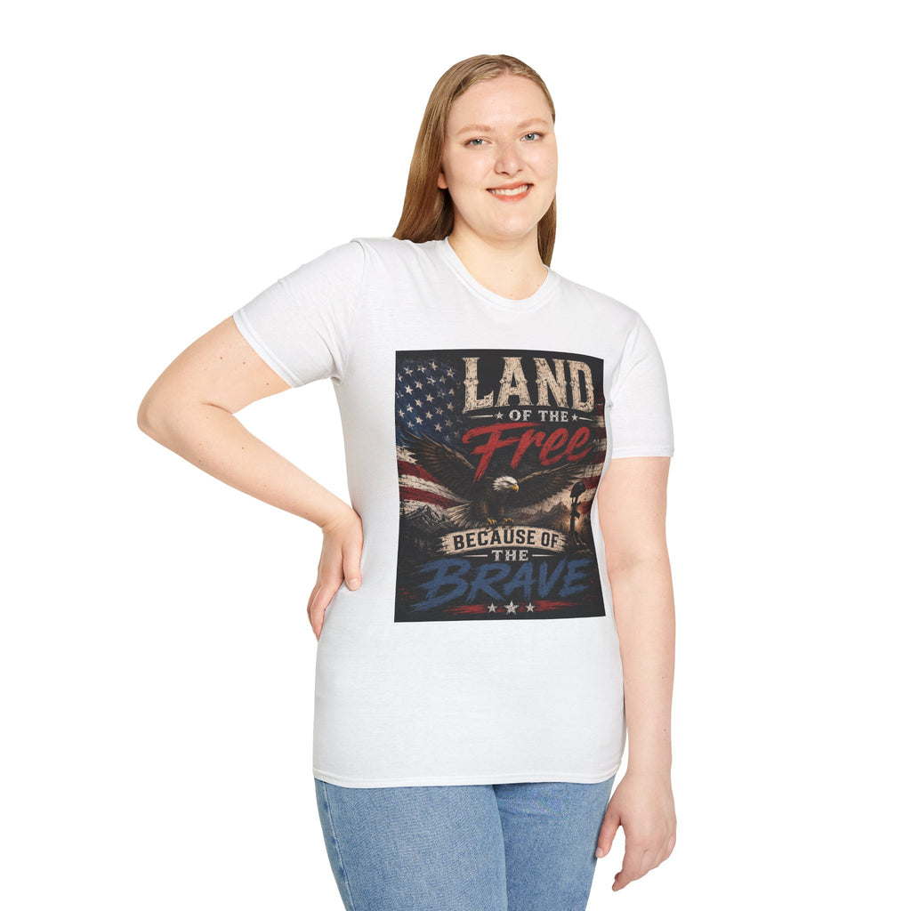 Land of the Free T‑Shirt — Vintage American Flag & Bald Eagle "Because of the Brave"