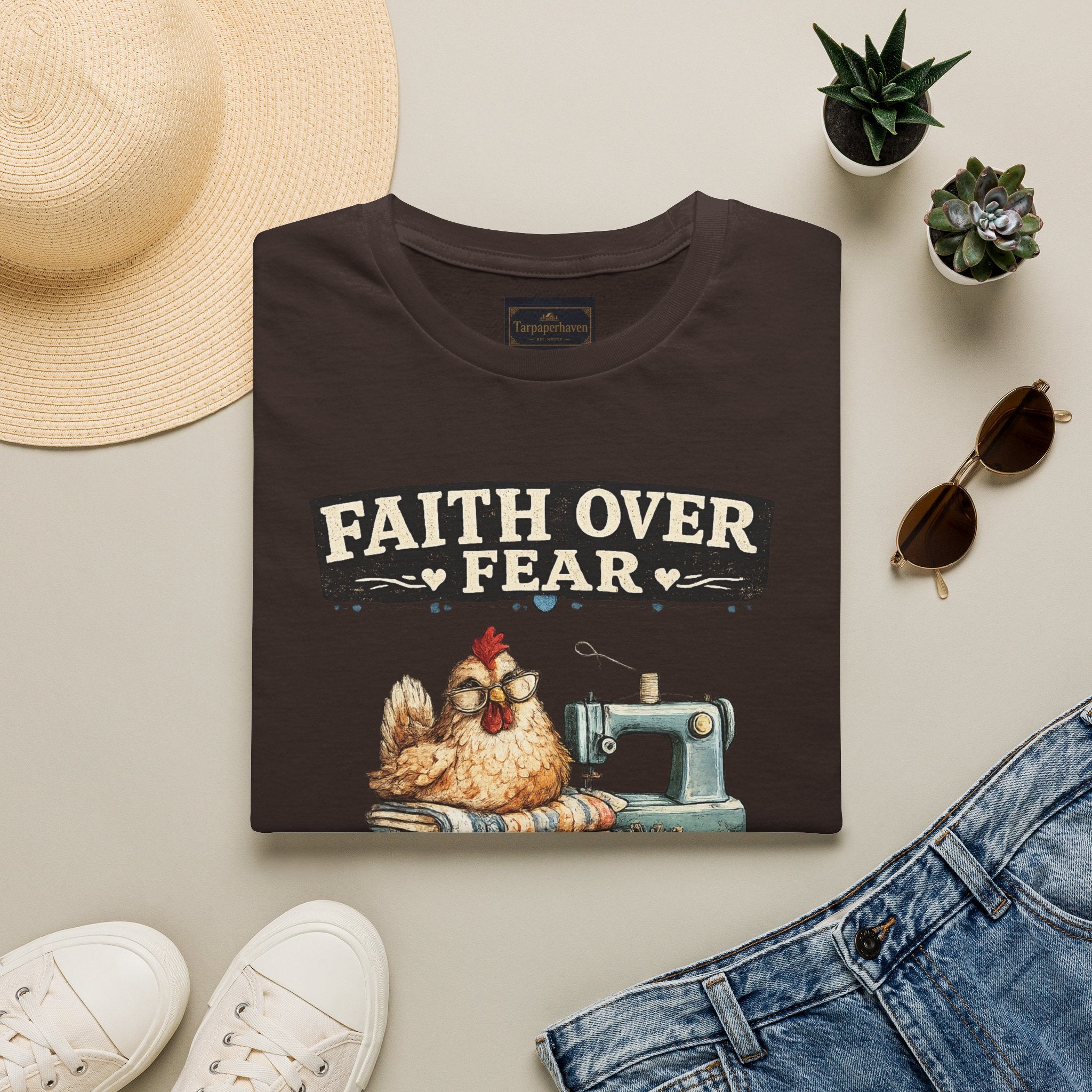 Faith Over Fear Quilting T‑Shirt — Chicken & Sewing Machine Graphic