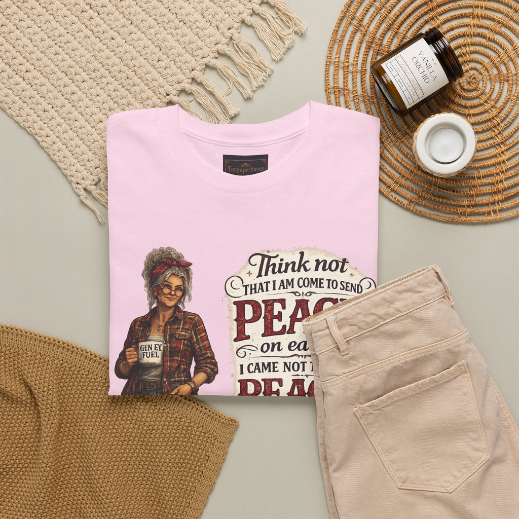 Christian Faith Tee — "I Come Not to Send Peace but a Sword" Matthew 10:34 Graphic Shirt