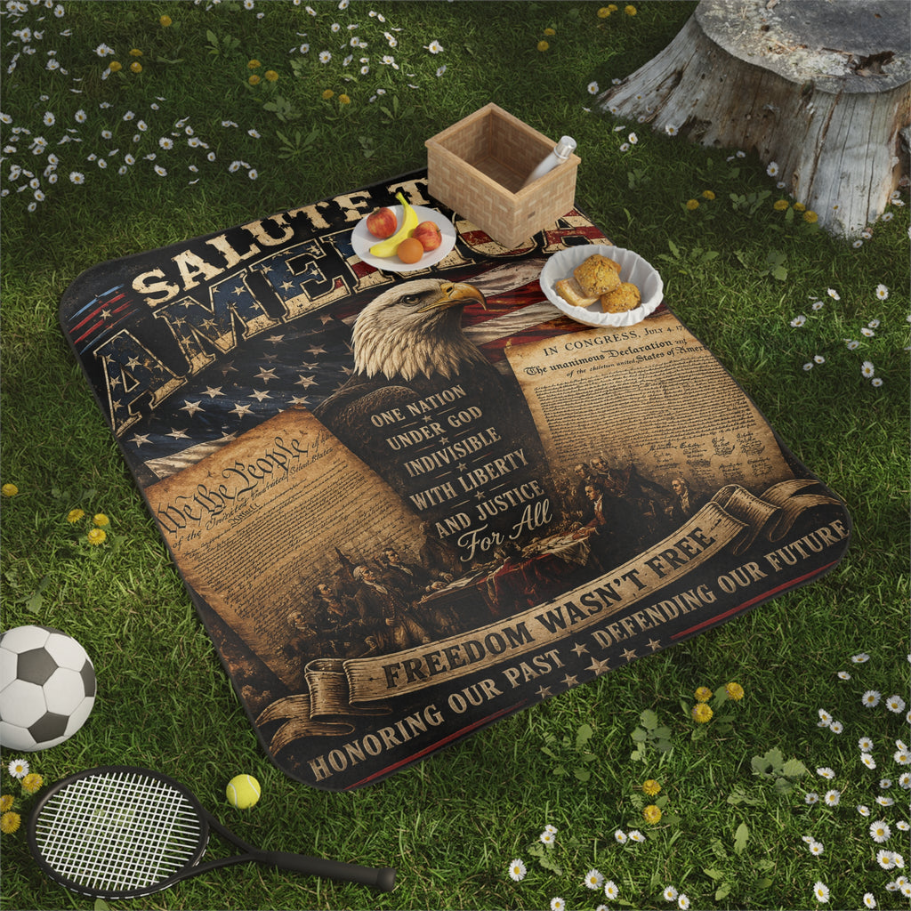 Salute to America Picnic Blanket — Patriotic Eagle & Constitution Outdoor Blanket for 4th of July, Memorial Day, Veterans Day
